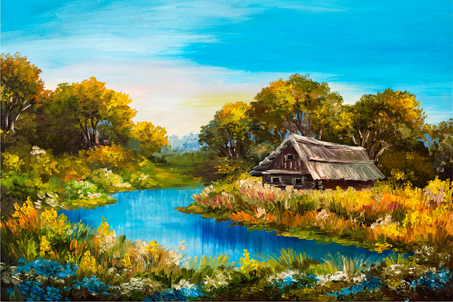 Farmhouse Near The River Oil Painting Glass Framed Wall Art, Ready to Hang Quality Print