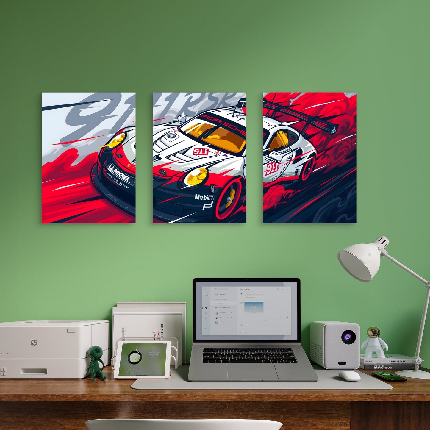 3pcs Dynamic Red White Racing Car Metal Print Ready to Hang Art