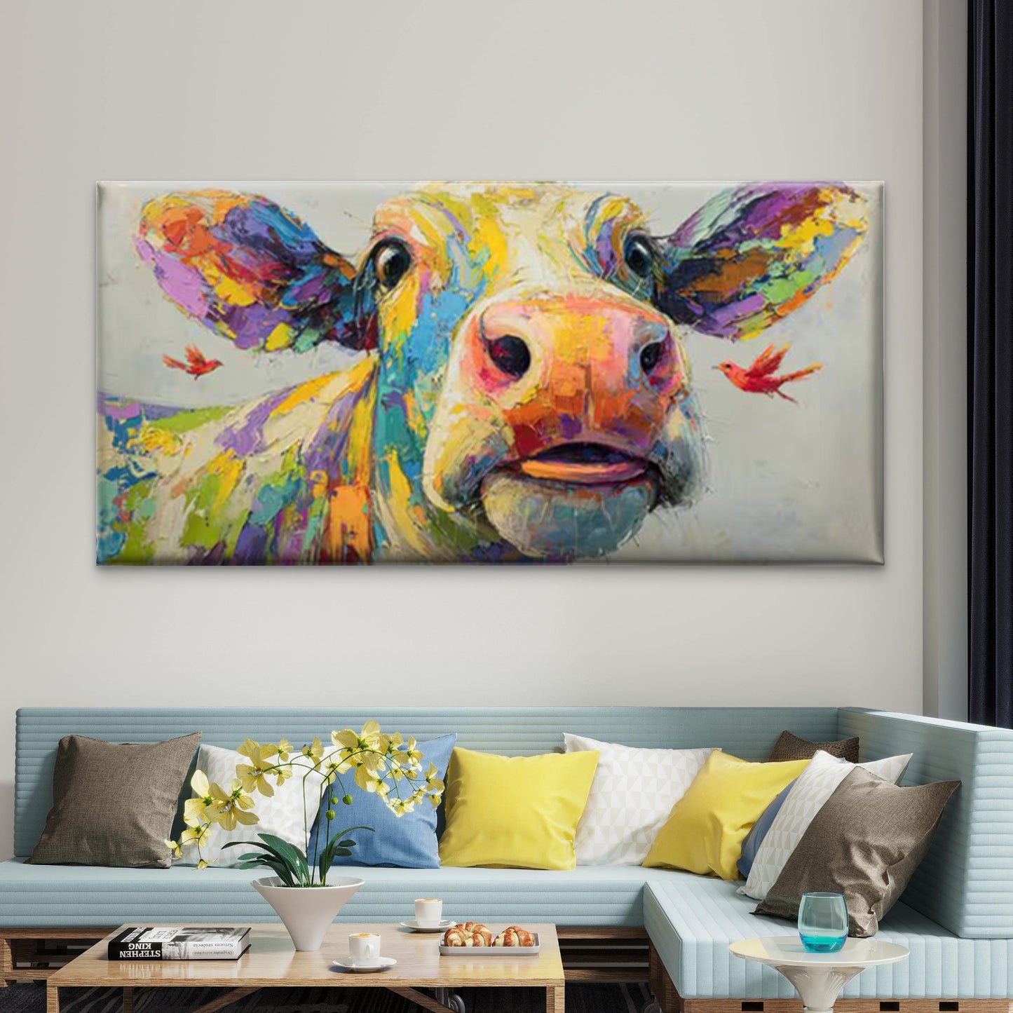 Cow & Birds Canvas Wall Art Painting Wall Art Canvas Office Home Room Framed 120x60cm