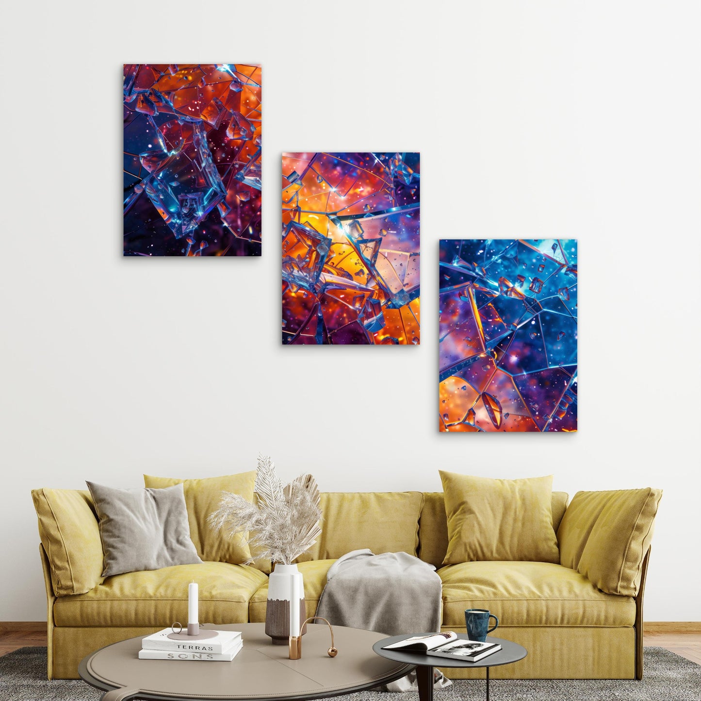 3pcs Abstract Background With Broken Glass Metal Print Ready to Hang Art