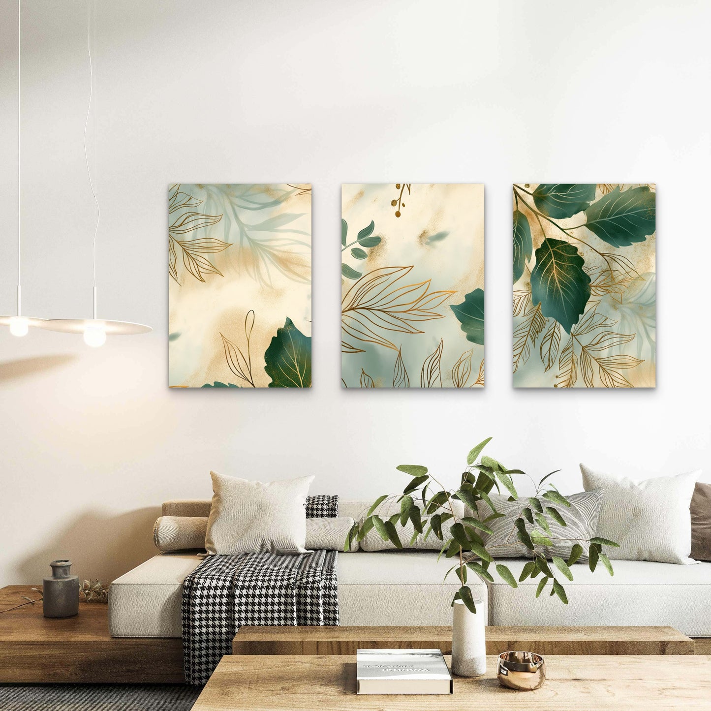 3pcs Modern Emerald Green Gold Leaf Botanical Wall Art Set Canvas Framed 40x60cm - High Quality Print 100% Australian Made Wall Canvas Ready to Hang