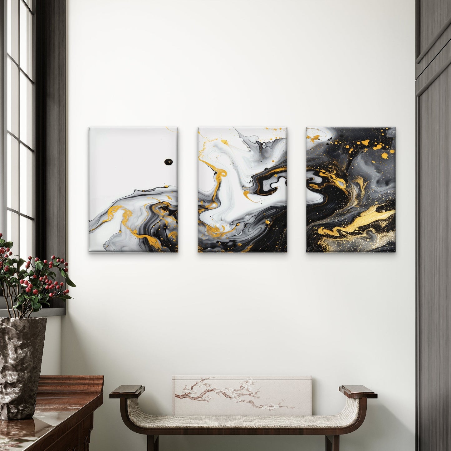 3pcs Black White Luxury Fluid Gold Splatter Wall Art Set Canvas Framed 40x60cm - High Quality Print 100% Australian Made Wall Canvas Ready to Hang