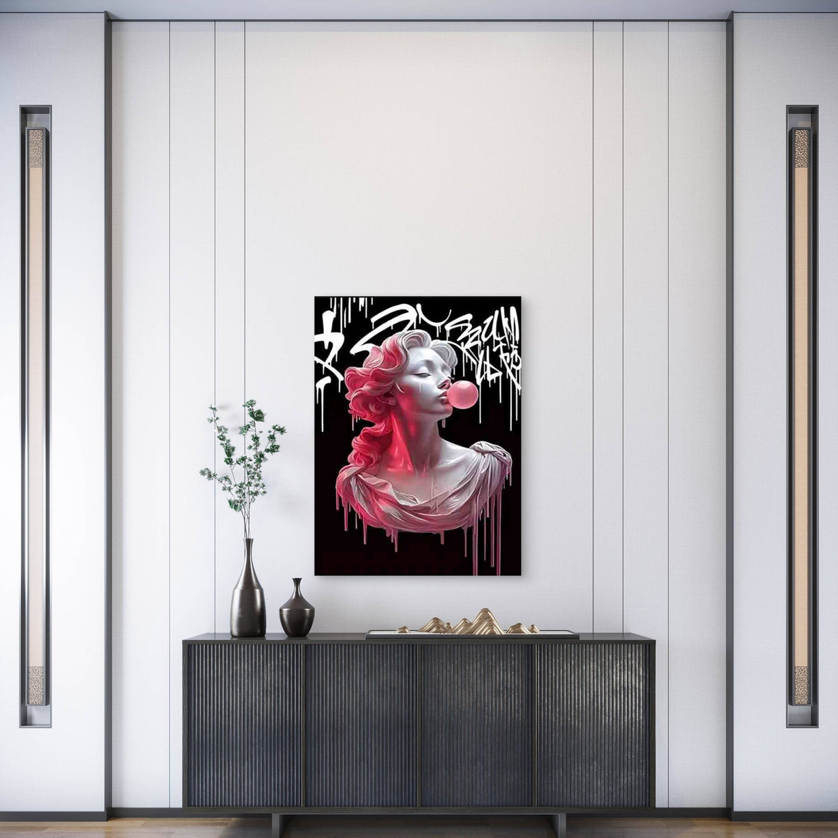 Pink And Black Bubblegum & Hairstyle Art Metal Print Ready to Hang