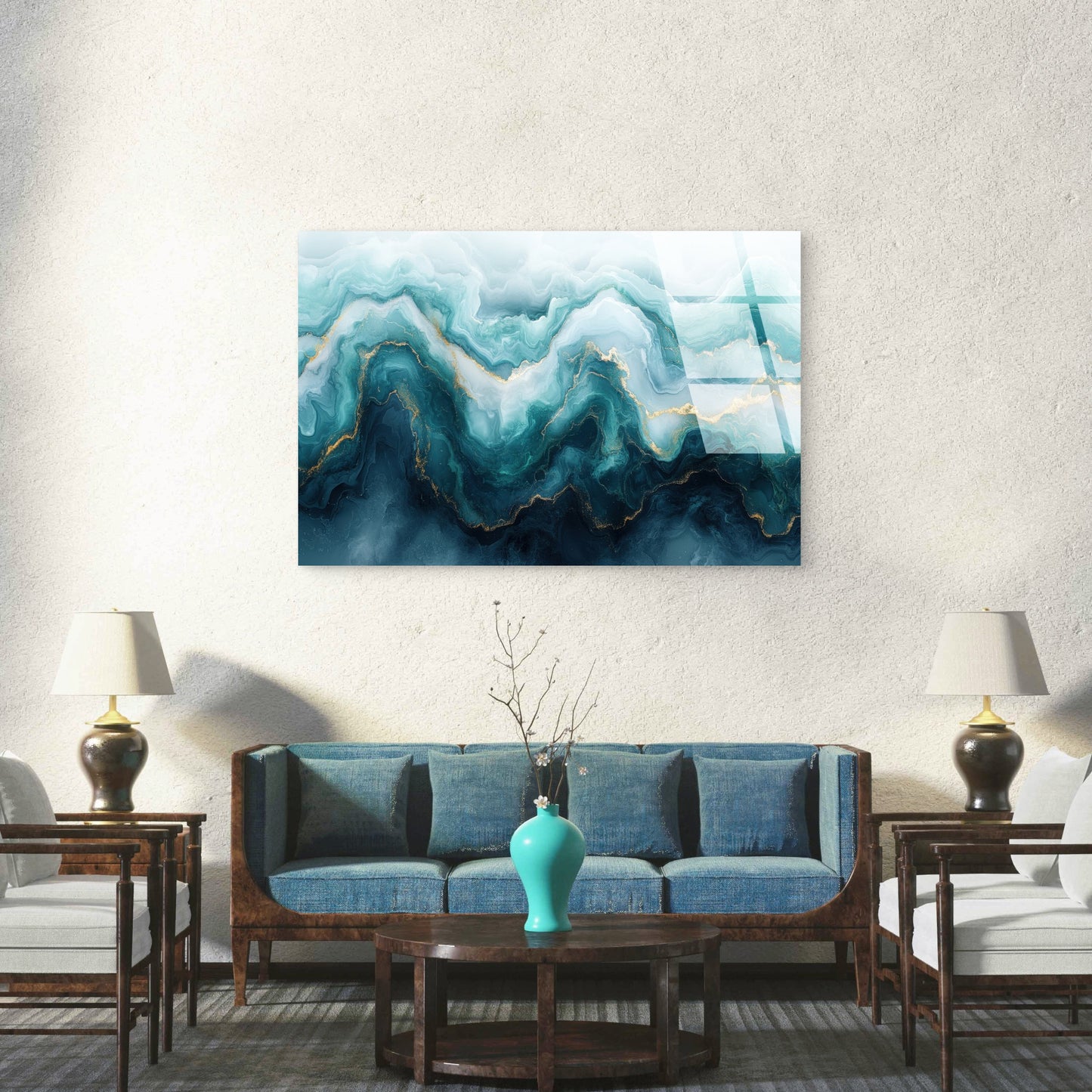 Abstract Teal Gold Marble Swirl Acrylic Glass Printing Wall Art Australian Made Quality