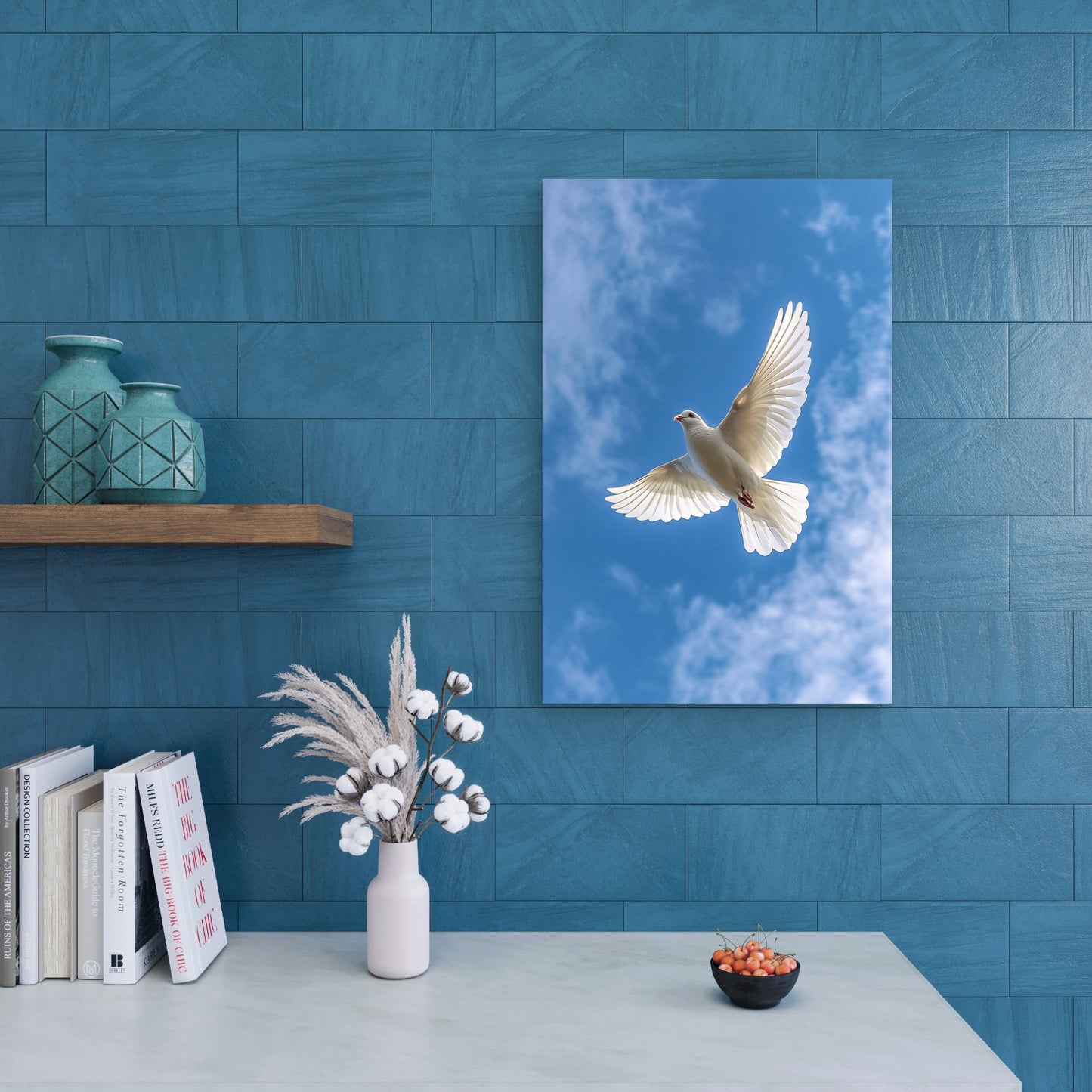 White Dove Flying In Blue Sky Painting 40x60cm Metal Print Ready to Hang