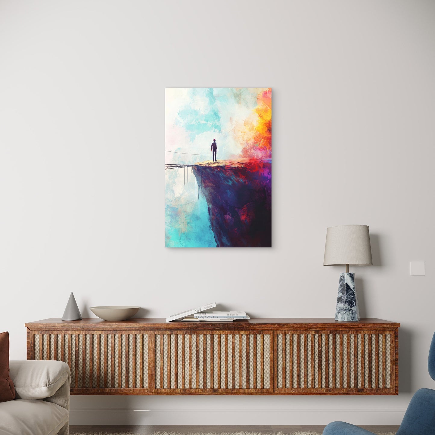 Abstract Lonely Man On Cliff Edge Painting 40x60cm Metal Print Ready to Hang
