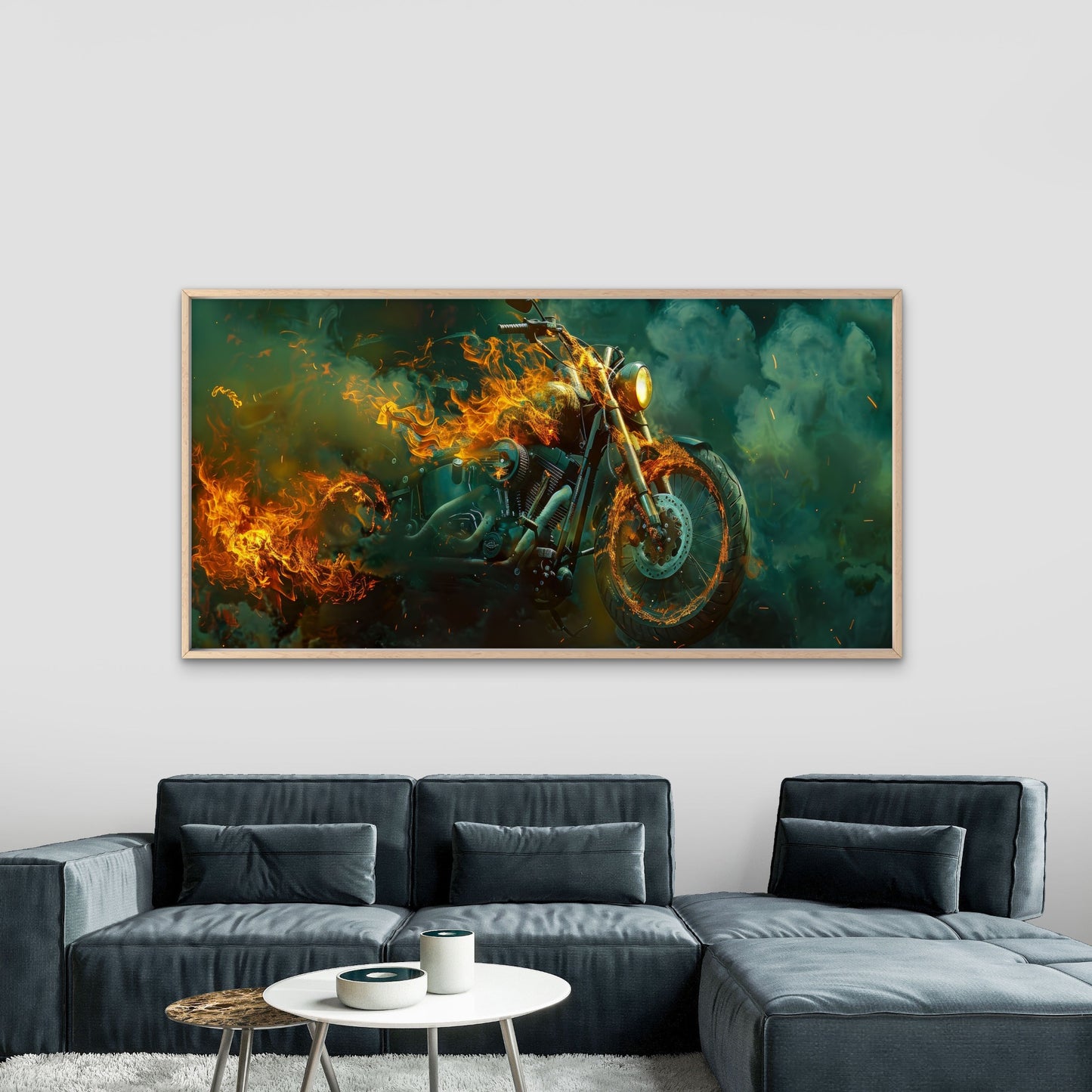 Motorcycle In Flames Wall Art Canvas Office Home Room Framed 120x60cm