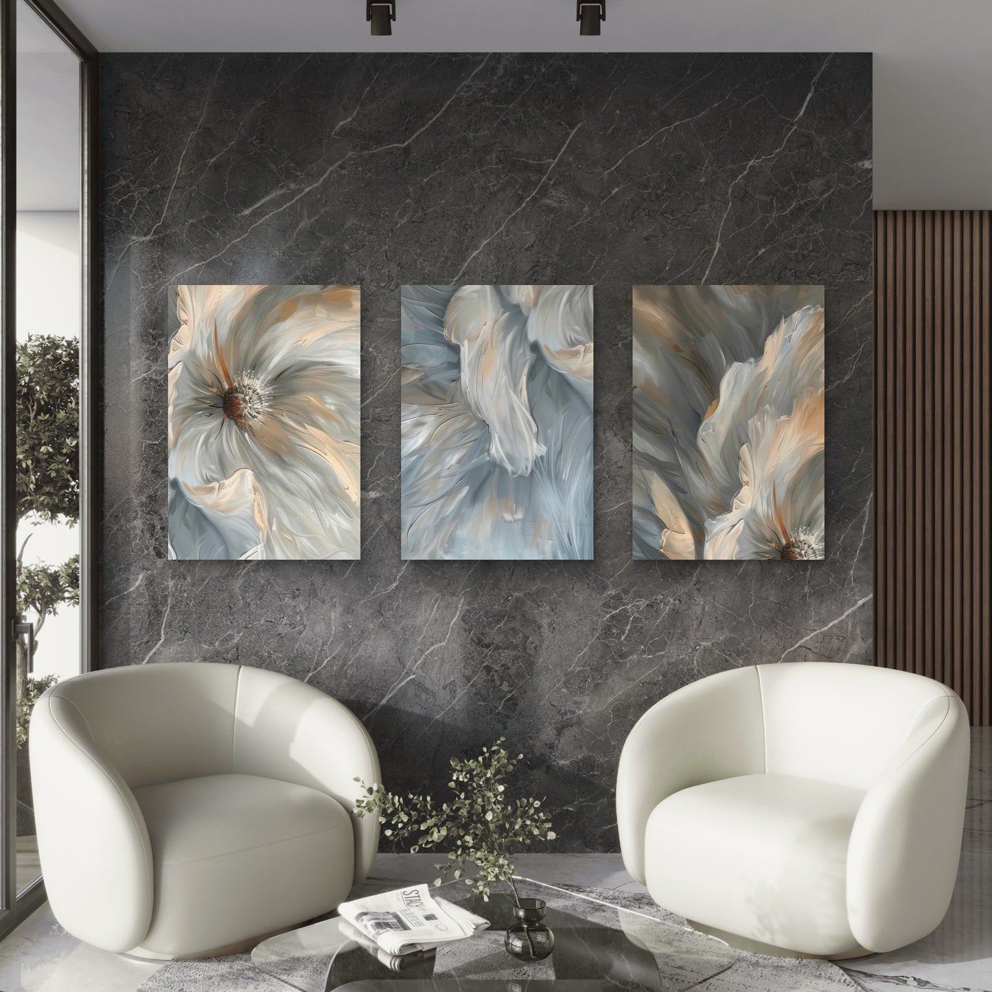 3pcs Soft Cream Slate Floral Painting Flower Wall Art Set Canvas Framed 50x70cm - High Quality Print 100% Australian Made Wall Canvas Ready to Hang