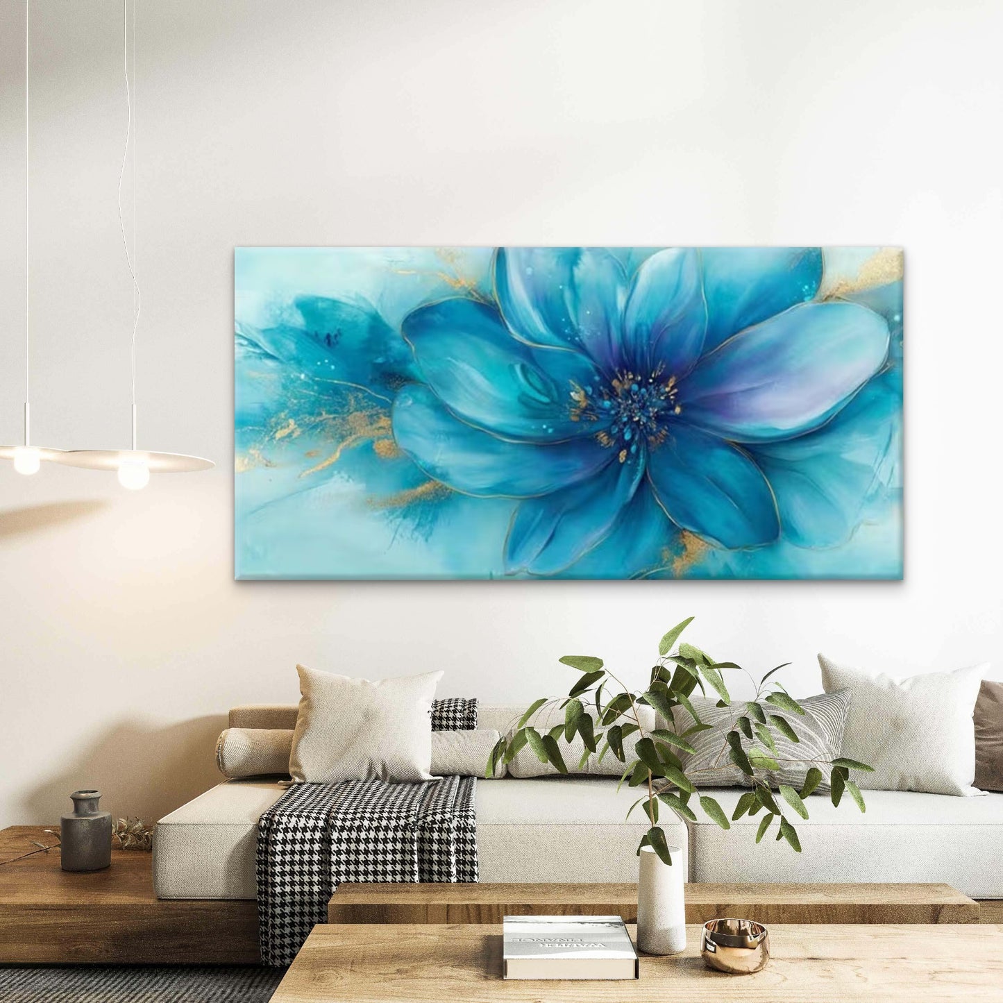 Blue Floral Abstract Golden Wall Art Canvas Office Home Room Framed 120x60cm
