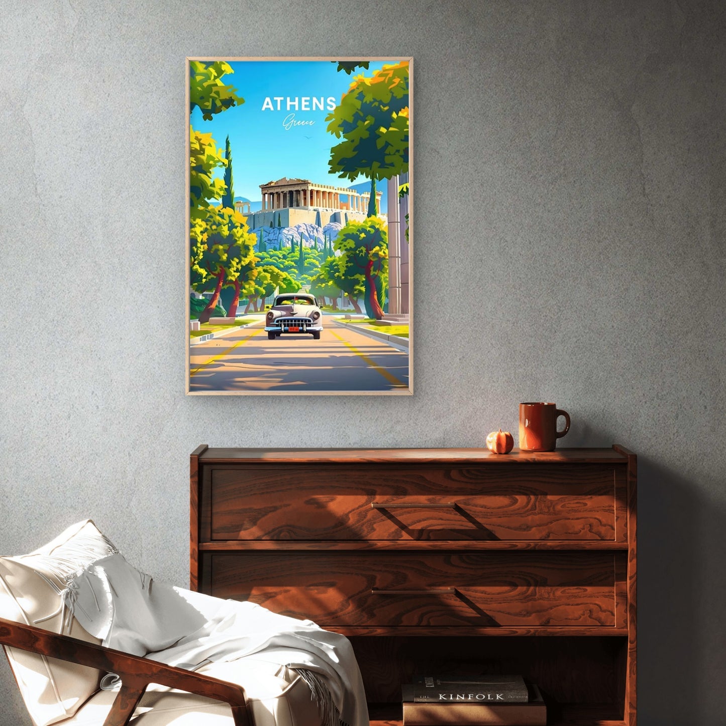 Greek White & Golden Classic Car & Ancient Vintage Travel Poster Print Wall Art