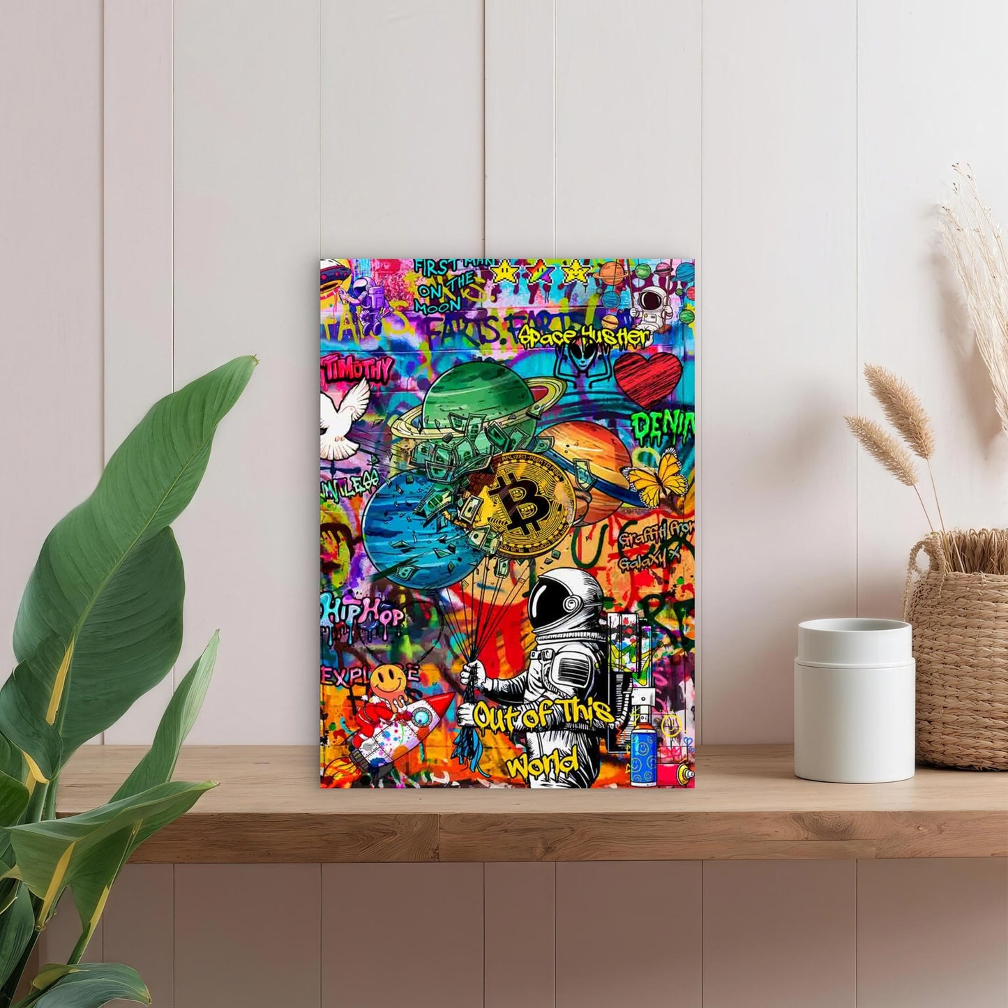 Graffiti Astronaut Holding Gold Coin 40x60cm Metal Print Ready to Hang