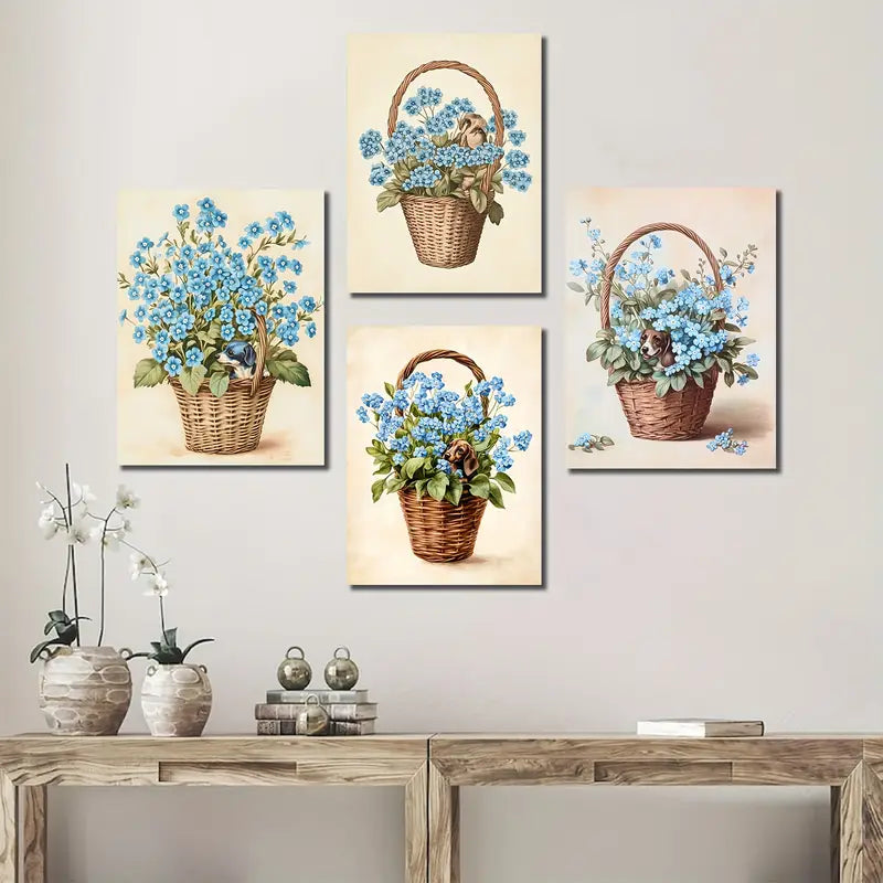 4pcs Blue Forget Me Not Flowers Wall Art Canvas Framed