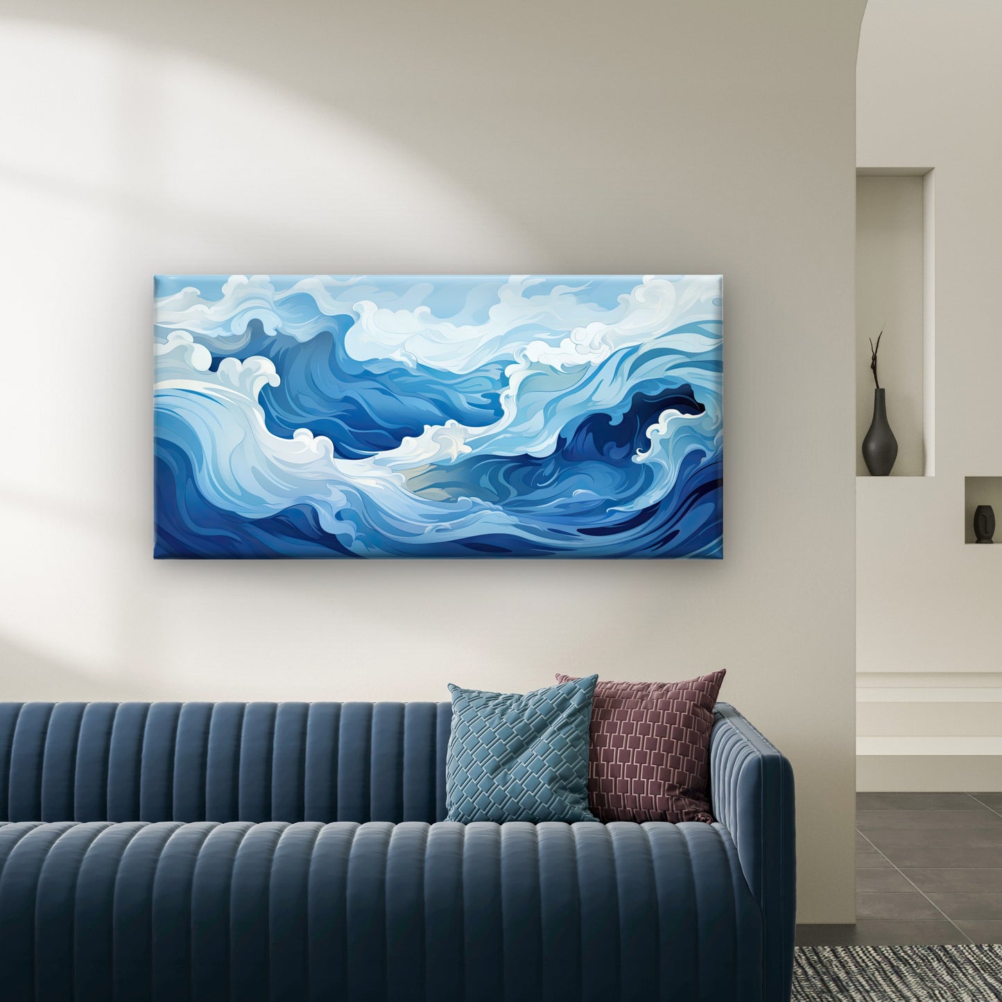 Abstract Blue Ocean Waves Wall Art Canvas Office Home Room Framed 120x60cm