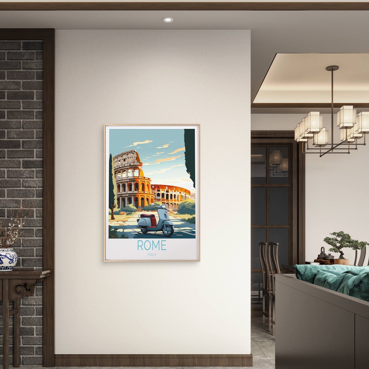 White Scooter, Italy Rome Colosseum Art Travel Poster Print Wall Art