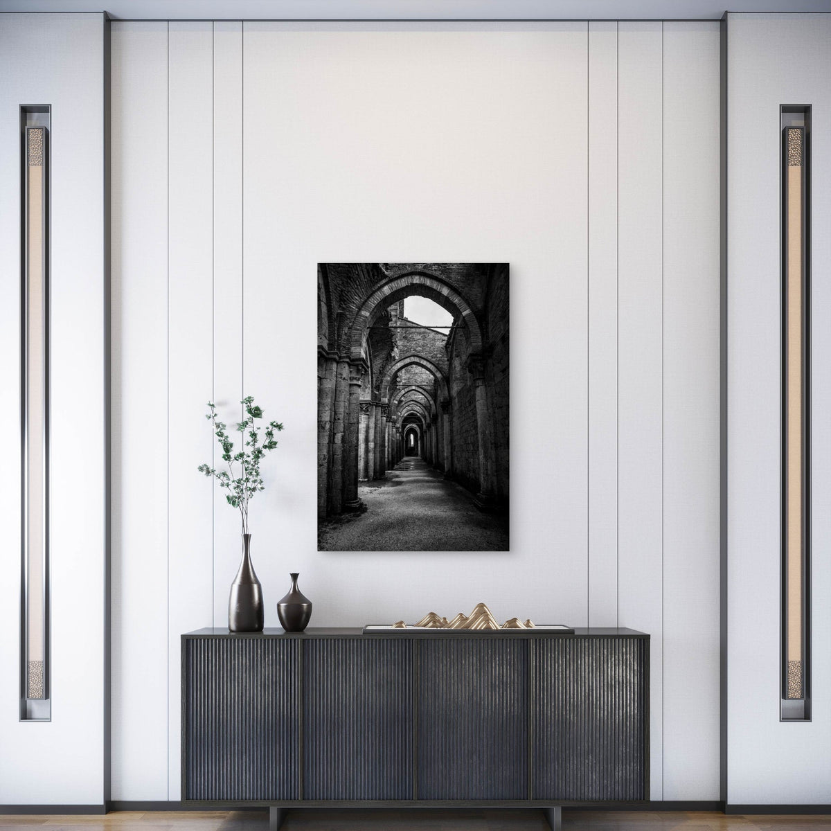 Vertical Shot Of A Hallway With Pillars Metal Print Ready to Hang