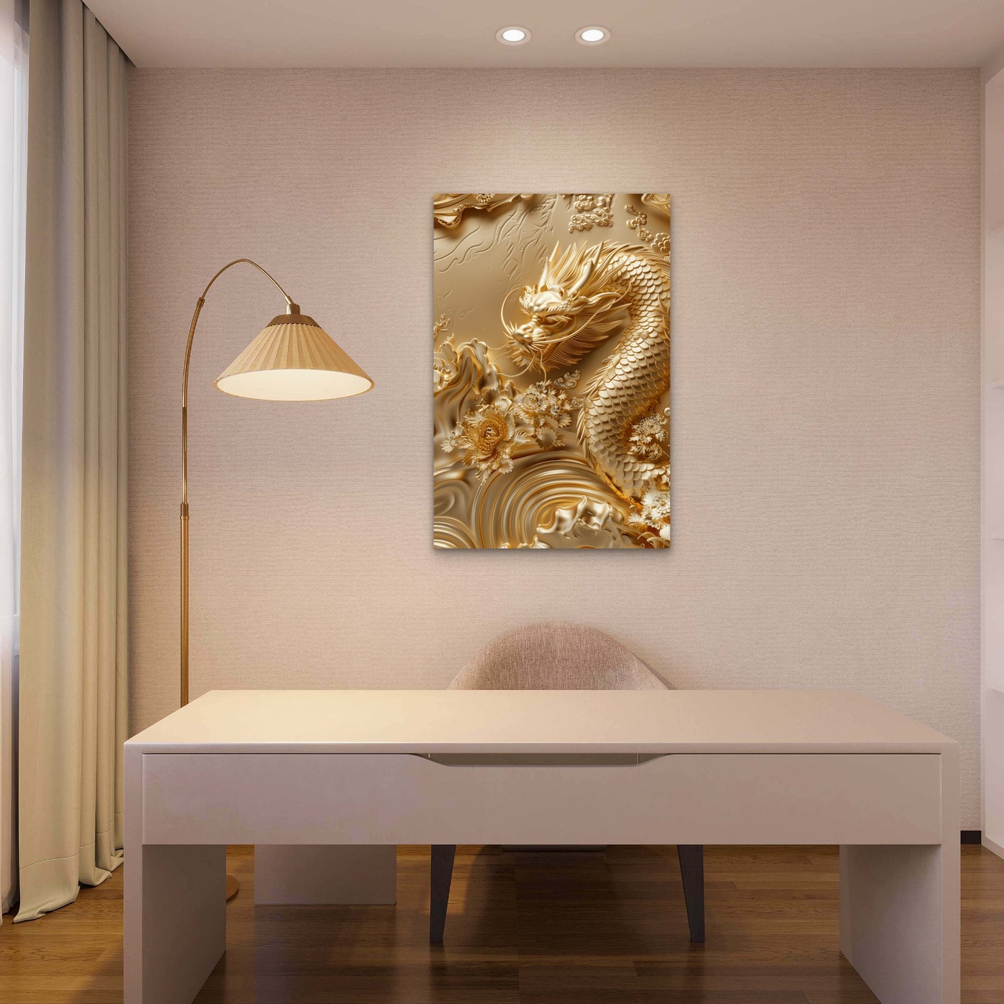 Chinese Dragon Metallic Gold 3D Blossom 40x60cm Metal Print Ready to Hang