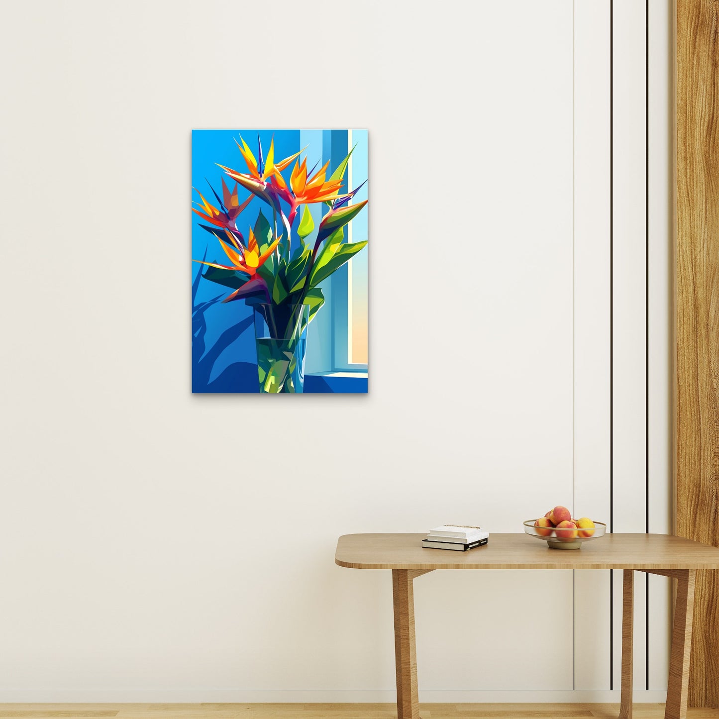 Bird of Paradise Flowers Blue Orange Window 40x60cm Metal Print Ready to Hang