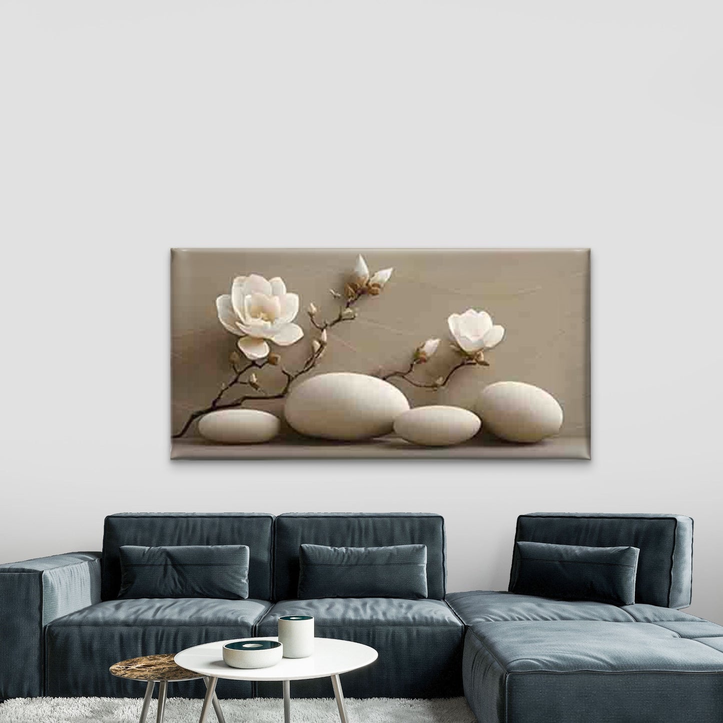 Magnolia Flower with a Rounded Wall Art Canvas Office Home Room Framed 120x60cm - Bella Home Decor