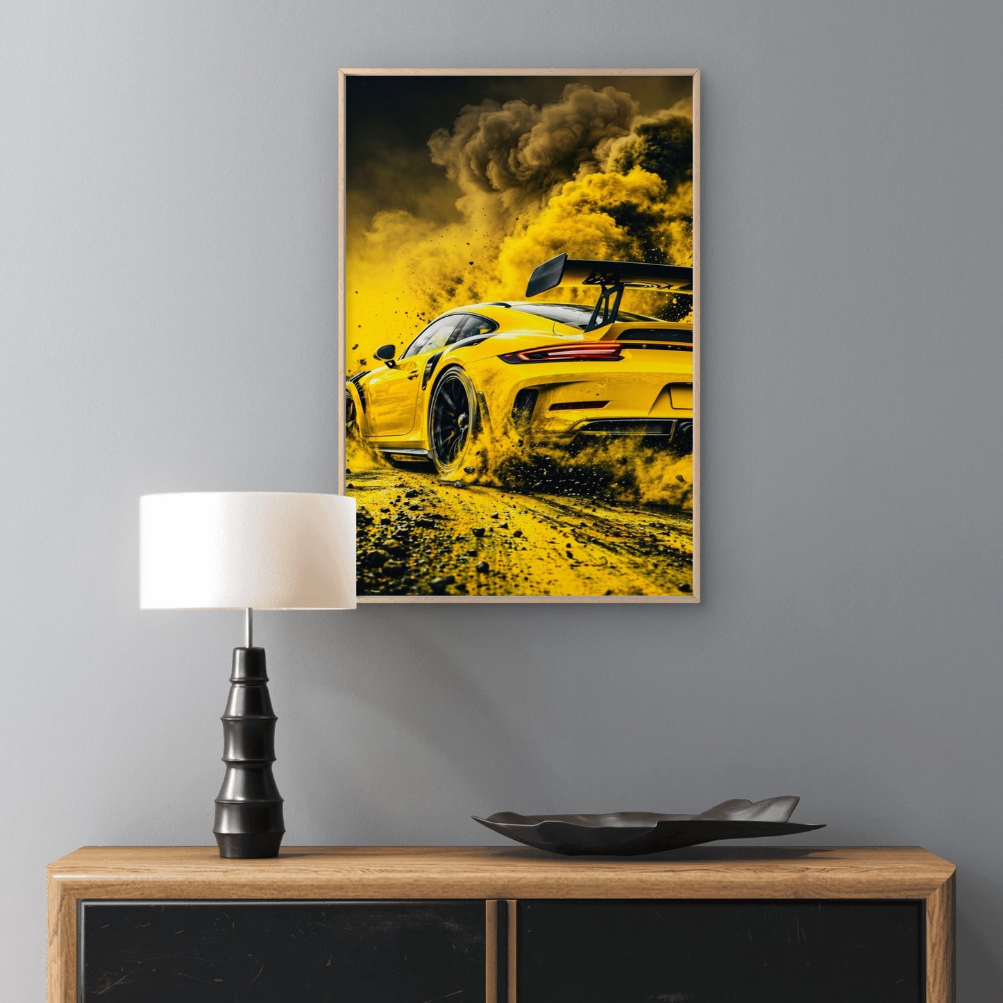 Yellow Porsche Sports Car Drifting Yellow Smoke Premium quality Poster print choose your sizes