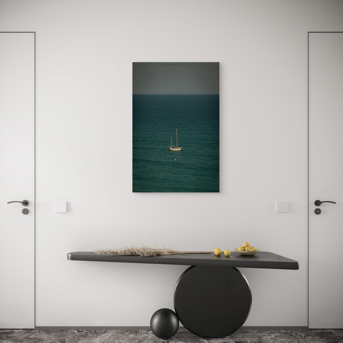 Sailboat Floating On The Calm Ocean Waters 40x60cm Metal Print Ready to Hang