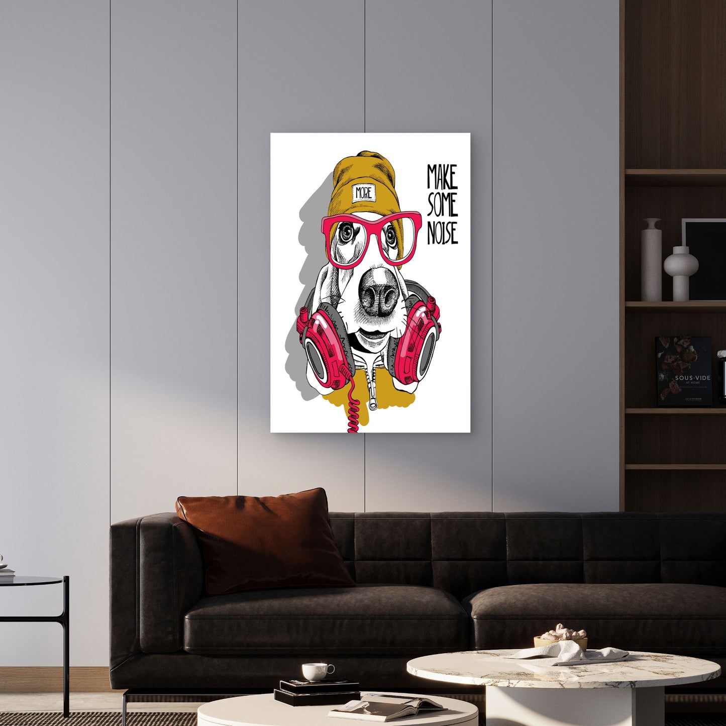 Hip Hop Basset In Pink Headphones 40x60cm Metal Print Ready to Hang