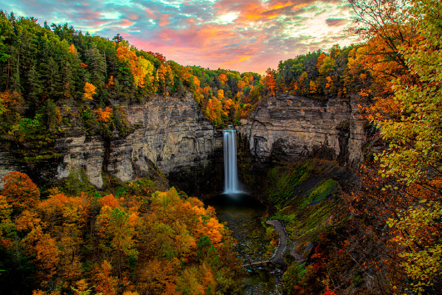 Taughannock Falls In Autumn Forest Glass Framed Wall Art, Ready to Hang Quality Print