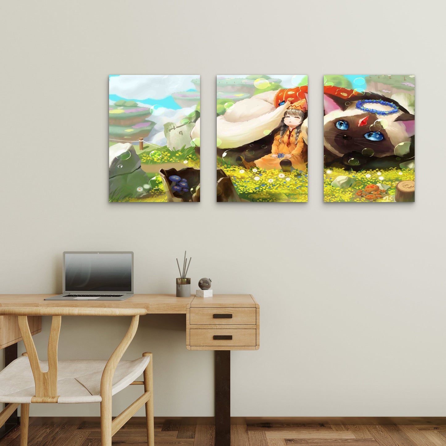 3pcs Giant Cat Fantasy Meadow Floating Islands Metal Print Ready to Hang Art