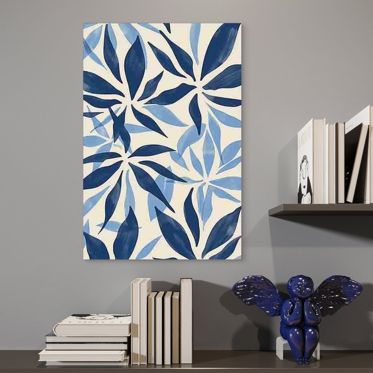 Minimalist Blue & White Leaf Pattern Metal Print Ready to Hang