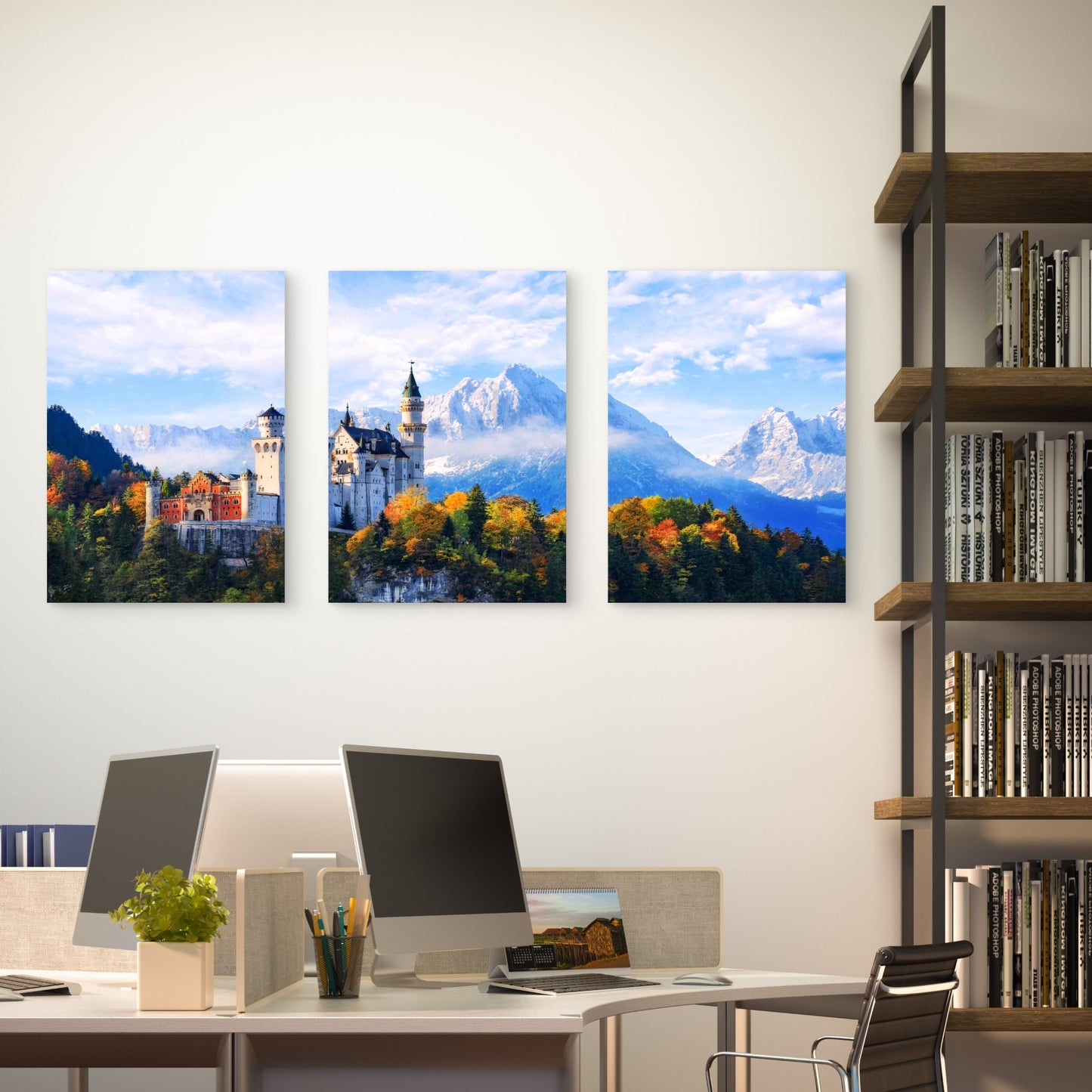 3pcs Alpine Fairytale Castle Mountain Valley Metal Print Ready to Hang Art