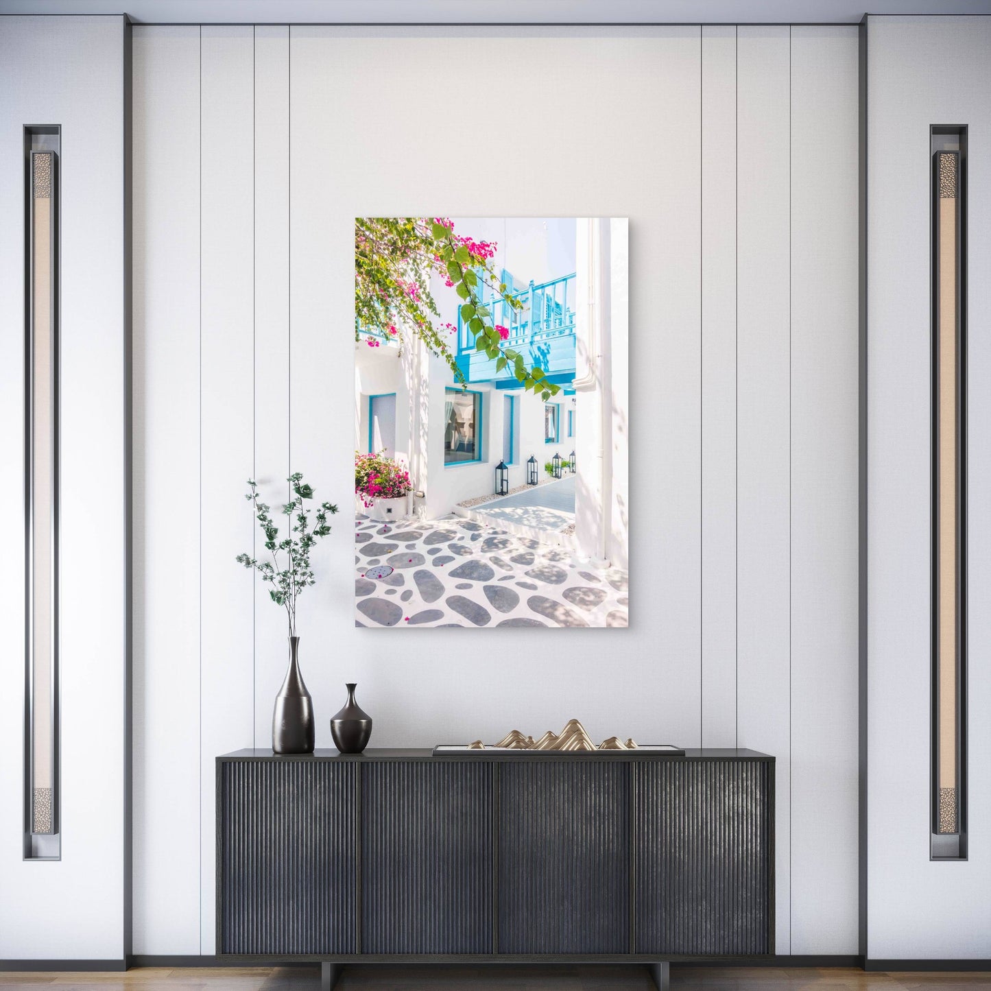 Bougainvillea Santorini White Village Beautiful40x60cm Metal Print Ready to Hang