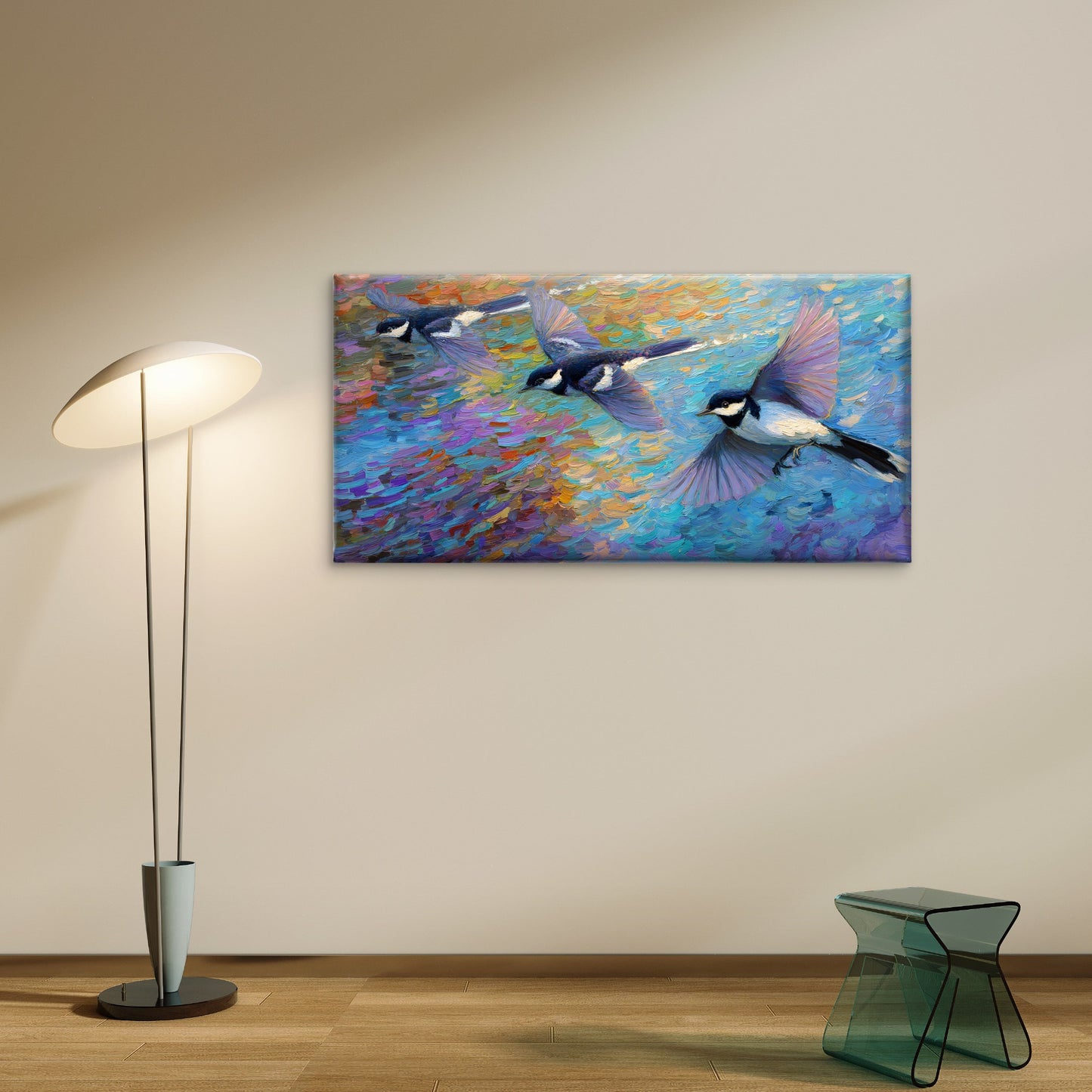 Flying Chickadee Birds Wall Art Canvas Office Home Room Framed 120x60cm