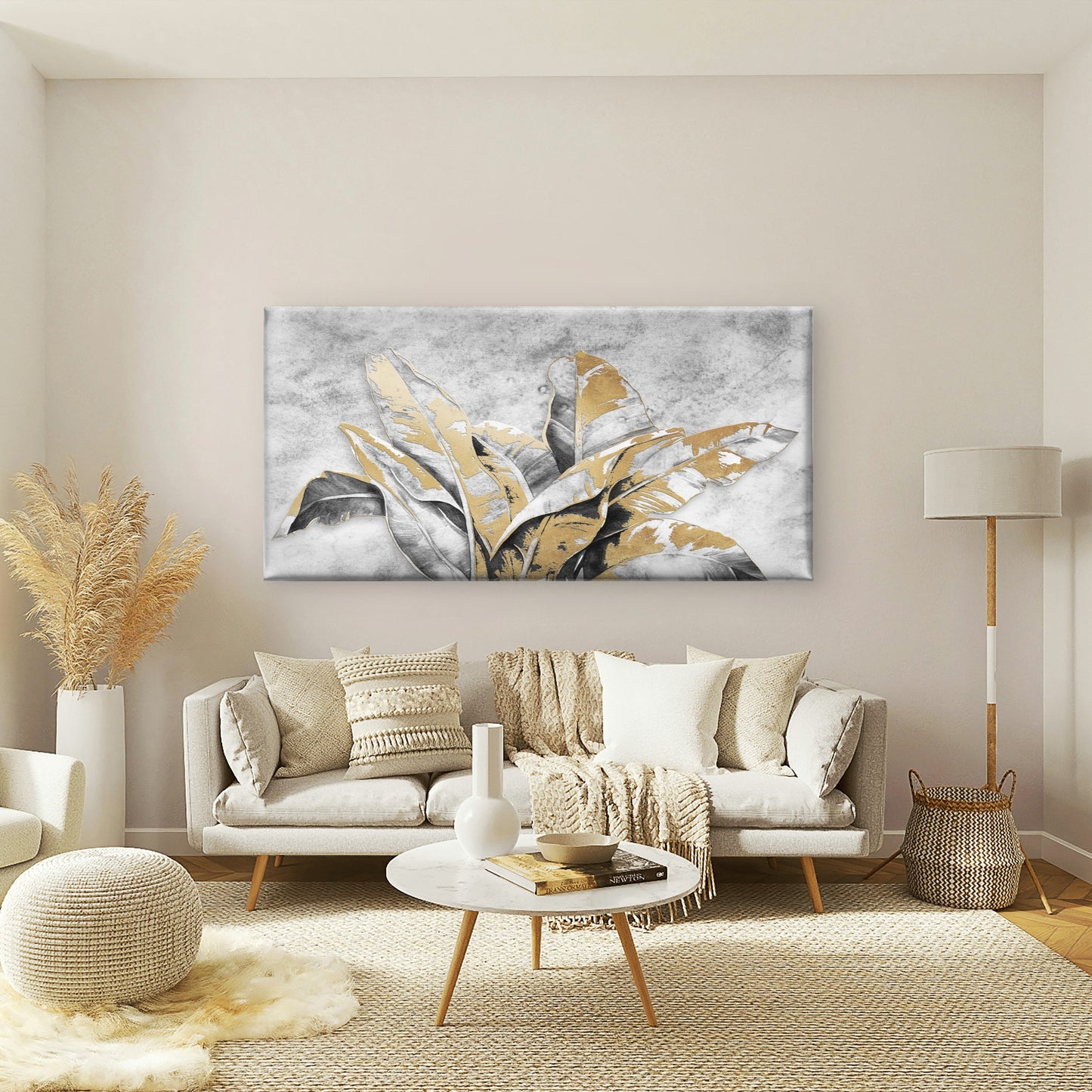 Modern Gold Banana Leaves Foil Wall Art Canvas Office Home Framed 120x60cm