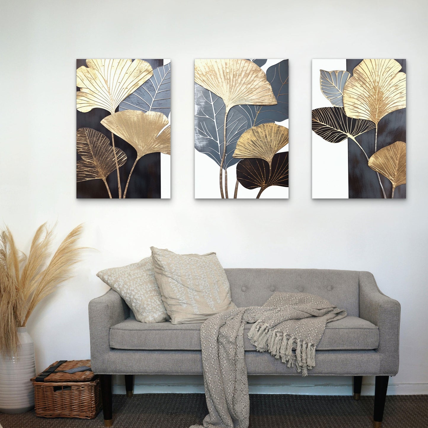 3pcs Modern Abstract Blue Gold Ginkgo Leaf Wall Art Set Canvas Framed 40x60cm - High Quality Print 100% Australian Made Wall Canvas Ready to Hang