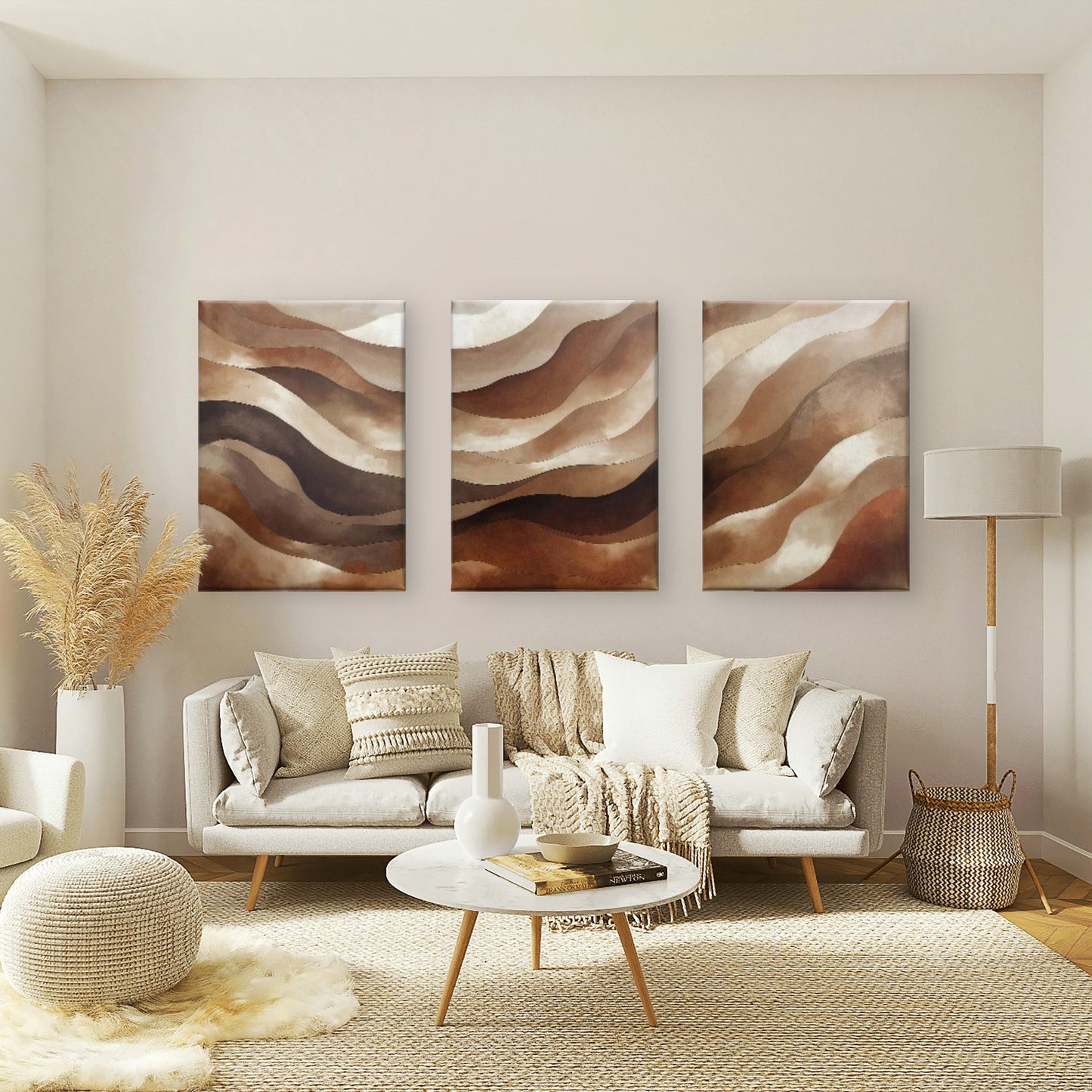 3pcs Terracotta Brown Earth Tones Abstract Wavy Neutral Desert Warm Wall Art Set Canvas Framed 40x60cm - High Quality Print 100% Australian Made Wall Canvas Ready to Hang