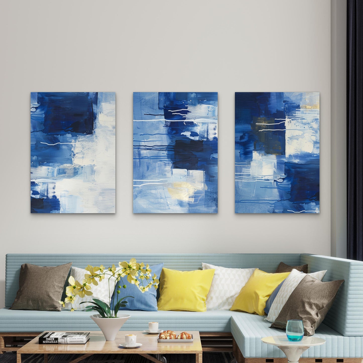 3pcs Modern Blue and White Abstract Oil Painting Wall Art Set Canvas Framed 40x60cm - High Quality Print 100% Australian Made Wall Canvas Ready to Hang