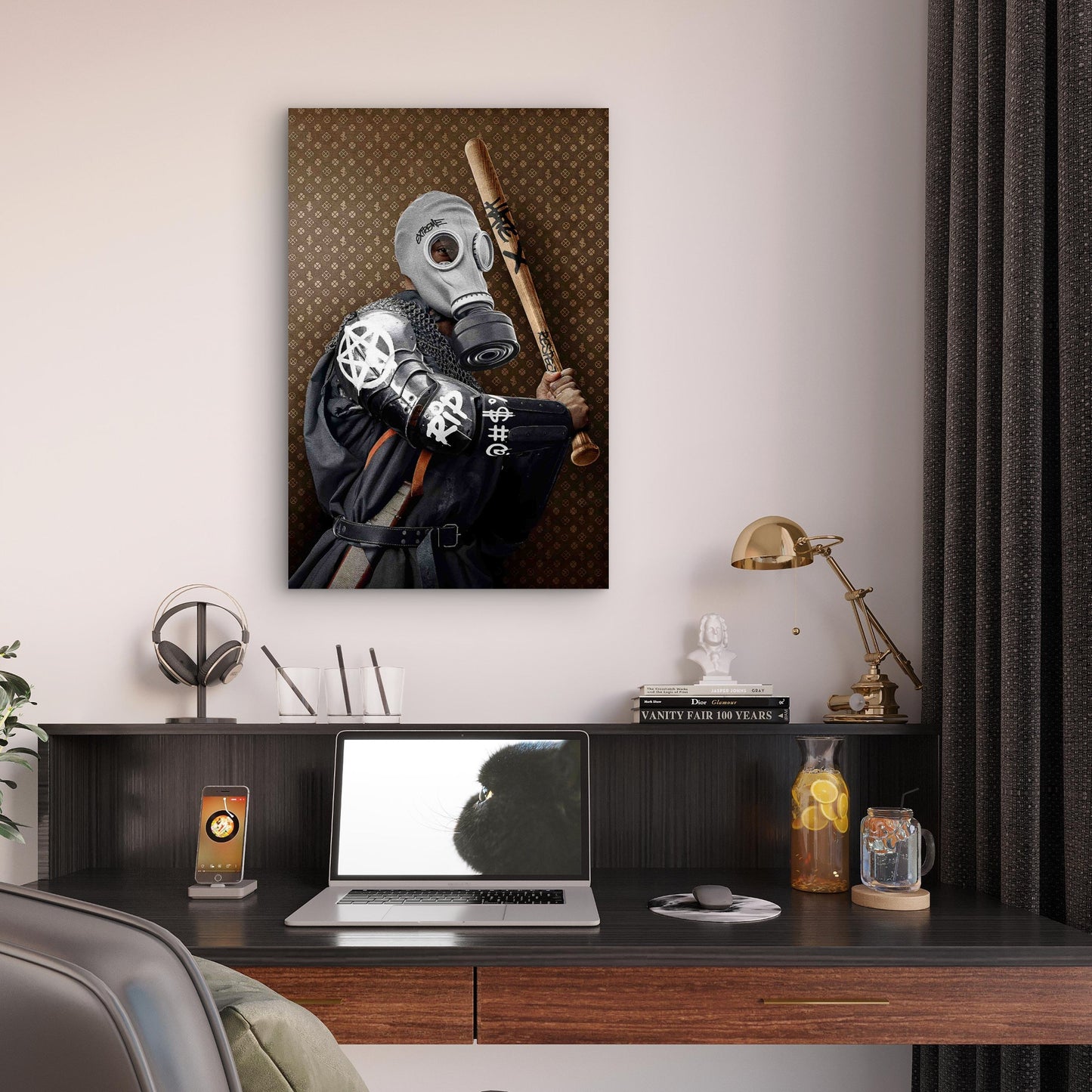 Gas Mask Samurai Baseball Bat Monogram 40x60cm Metal Print Ready to Hang