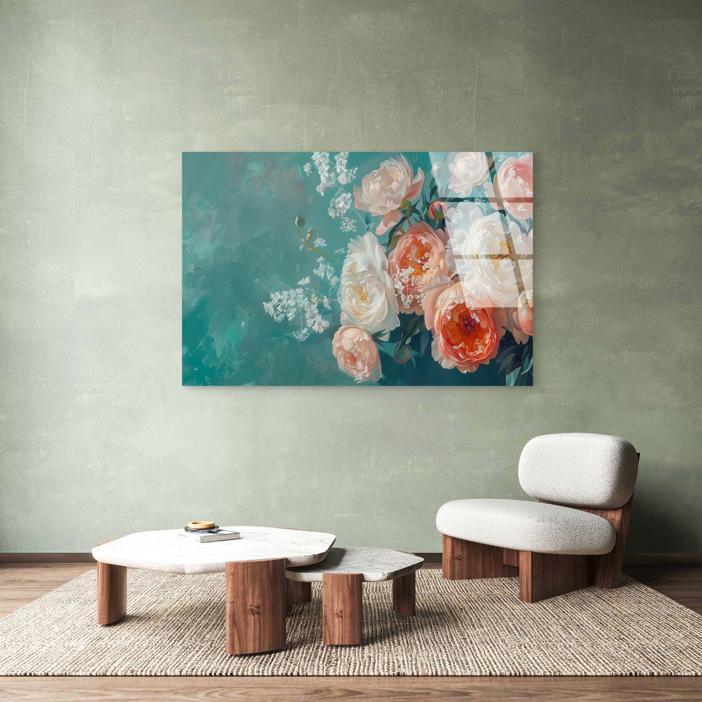 Teal and Blush Pink Peony Acrylic Glass Printing Wall Art Australian Made Quality