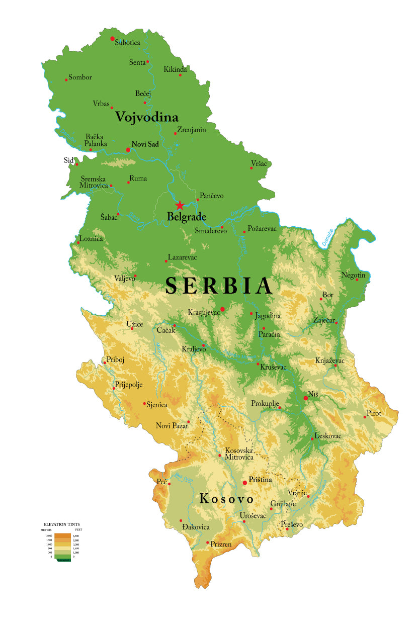 Serbia Physical Map Home Decor Premium Quality Poster Print Choose Your Sizes - Bella Home Decor