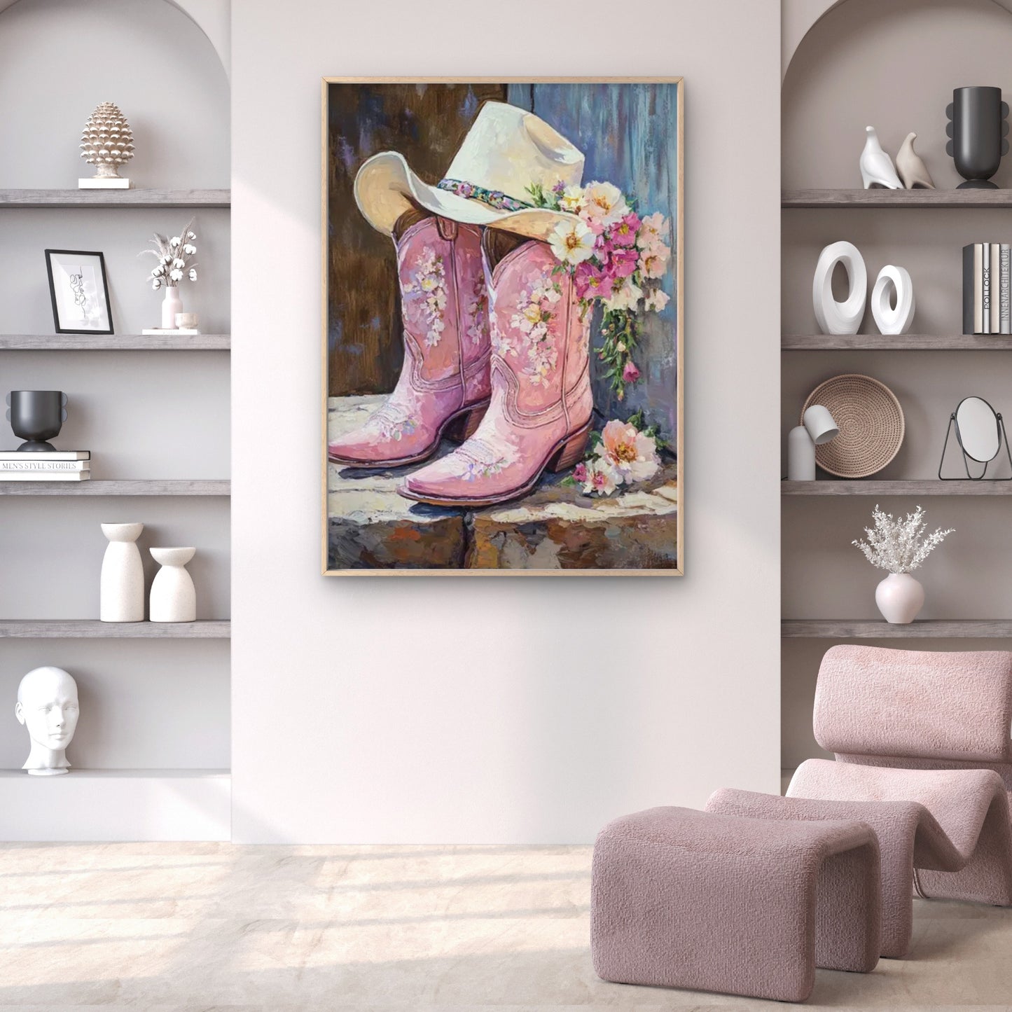 Pink Pastel Flowers Hat with Cowboy Boots Fashion Home Decor Premium Quality Poster Print Choose Your Sizes