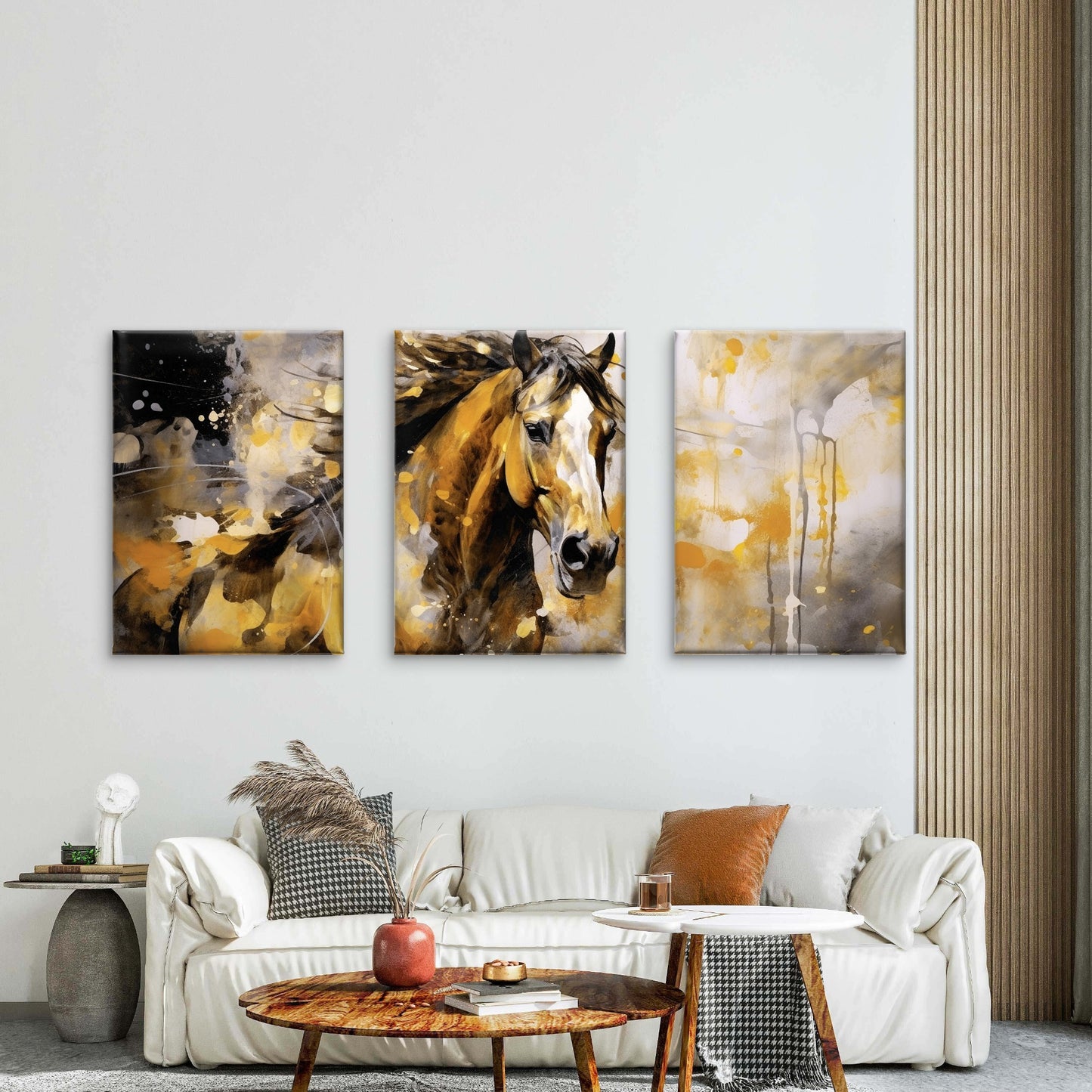 3pcs Abstract Golden Horse Painting Ochre Grey Wall Art Set Canvas Framed 60x90cm - High Quality Print 100% Australian Made Wall Canvas Ready to Hang