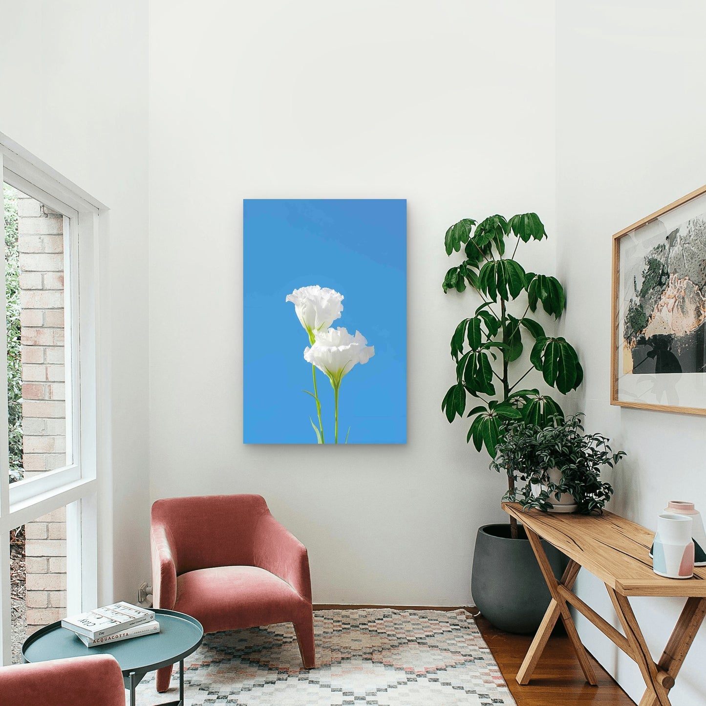 Pure White Eustoma Against A Vivid Blue Sky 40x60cm Metal Print Ready to Hang