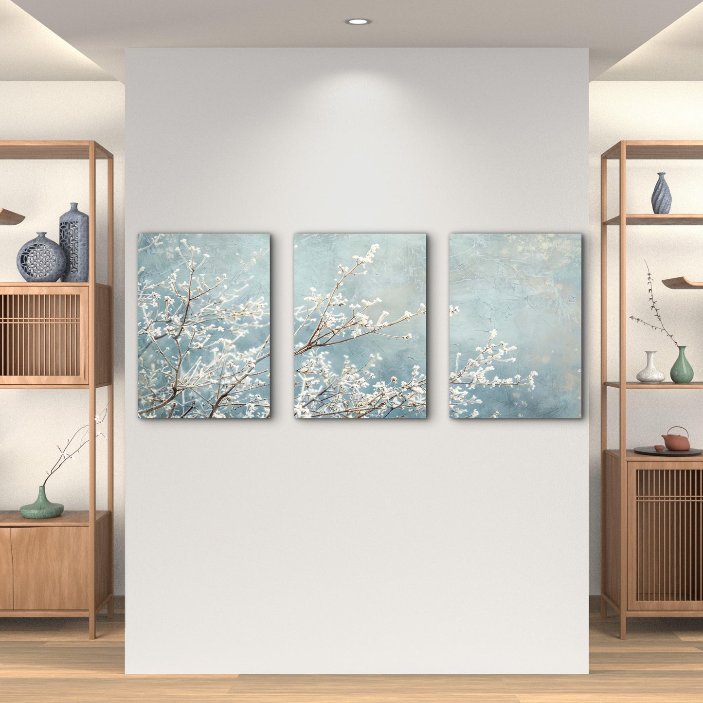 3pcs Frosted White Blossoms On Blue Sky Wall Art Set Canvas Framed 60x90cm - High Quality Print 100% Australian Made Wall Canvas Ready to Hang - Bella Home Decor