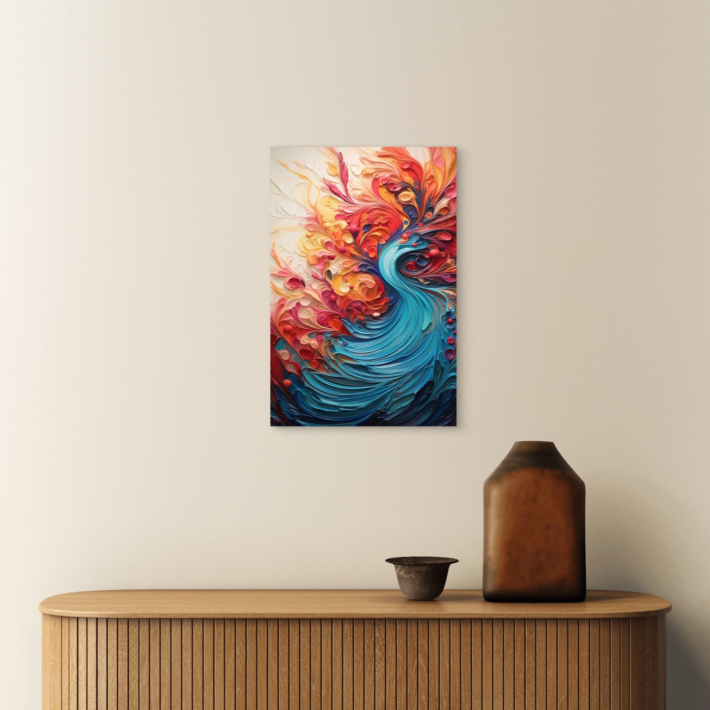 Teal Blue Red Orange Impasto Wave Swirls 40x60cm Metal Print Ready to Hang