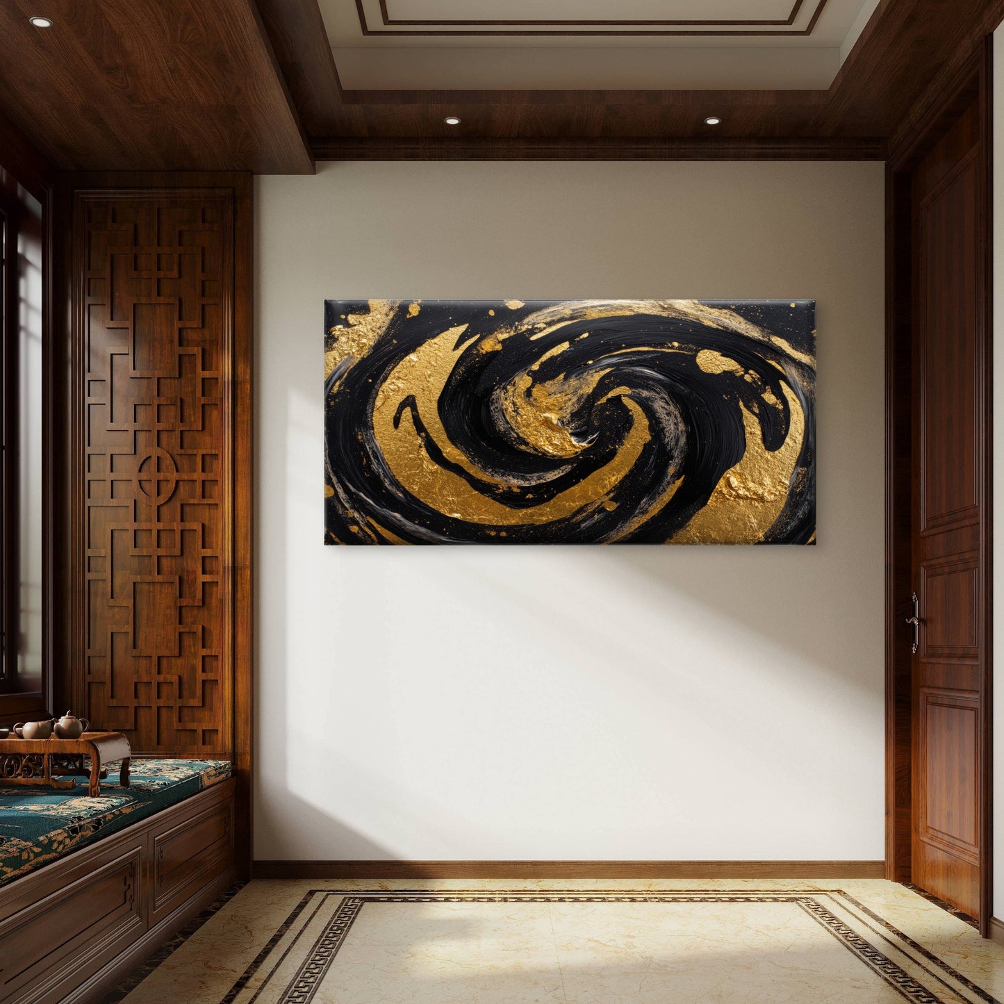 Gold Black Swirl Painting Wall Art Canvas Office Home Room Framed 120x60cm