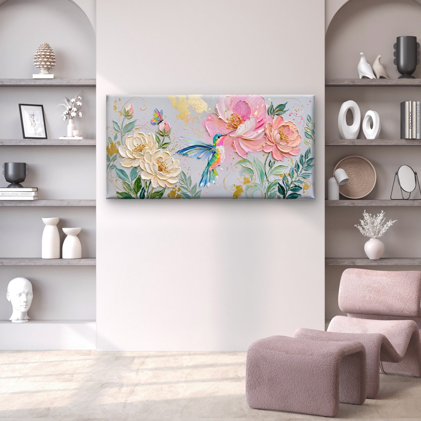 Hummingbird Pink Rose Floral Paint Wall Art Canvas Office Home Framed 120x60cm