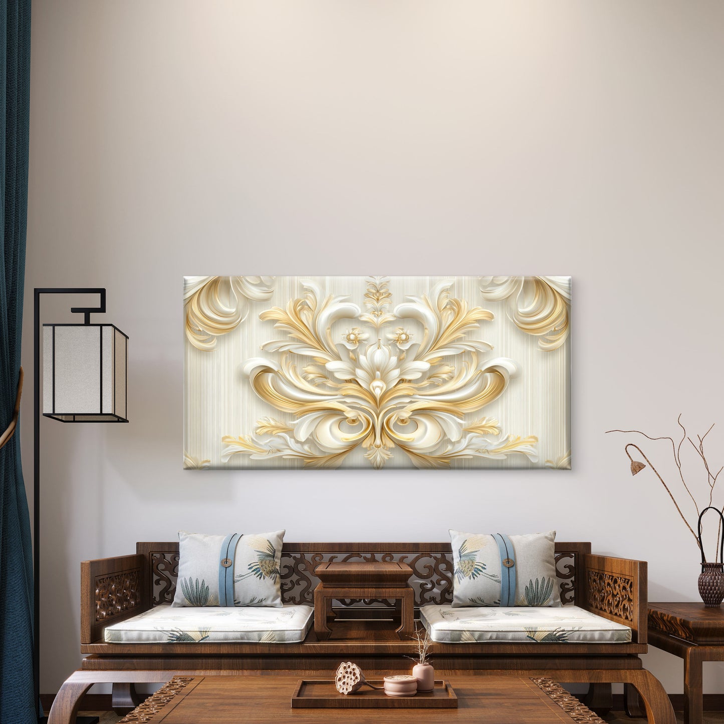 White Gold Baroque Damask Art Wall Art Canvas Office Home Room Framed 120x60cm