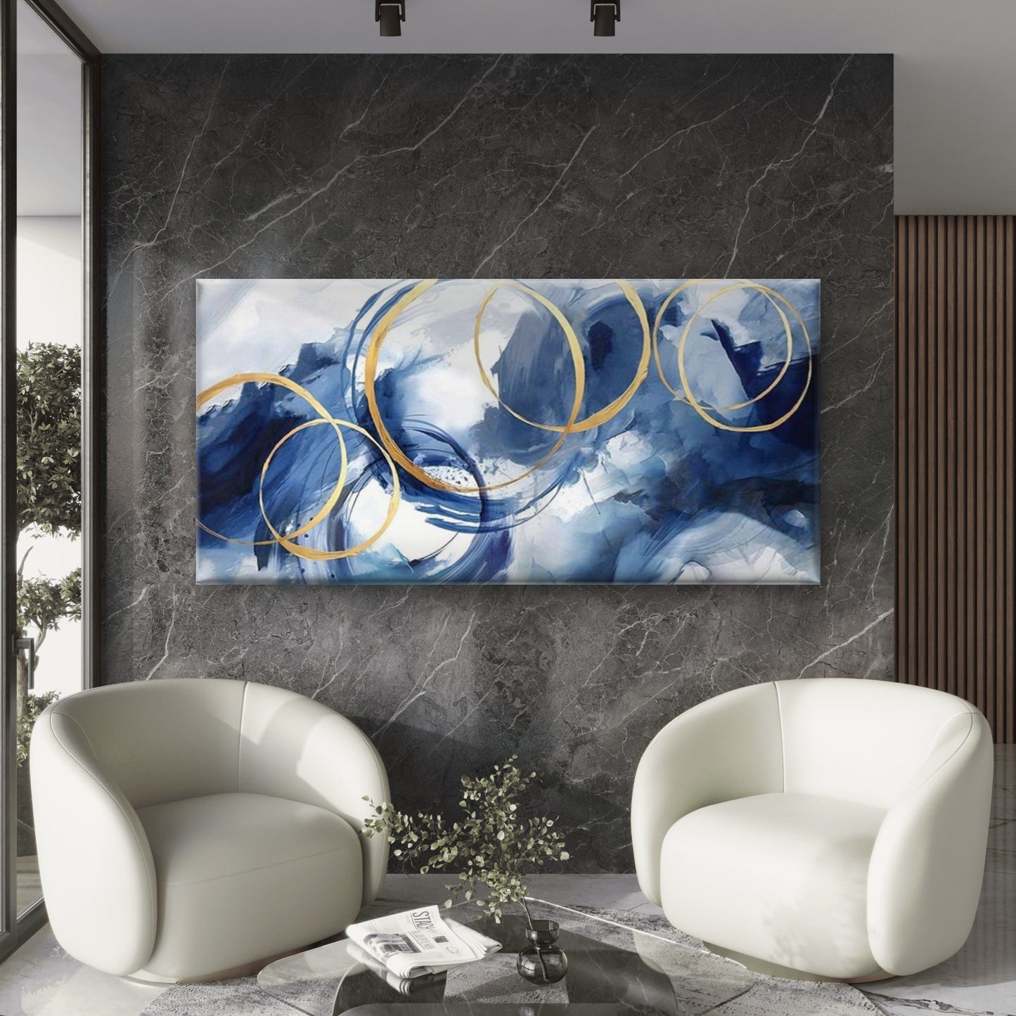 Blue Gold Abstract Rings Wall Art Canvas Office Home Room Framed 120x60cm