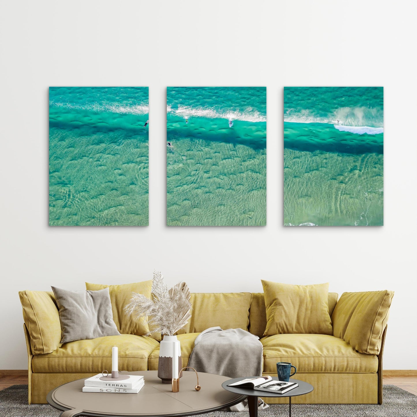 3pcs Surfers on Clear Turquoise Wave Metal Print Ready to Hang Art