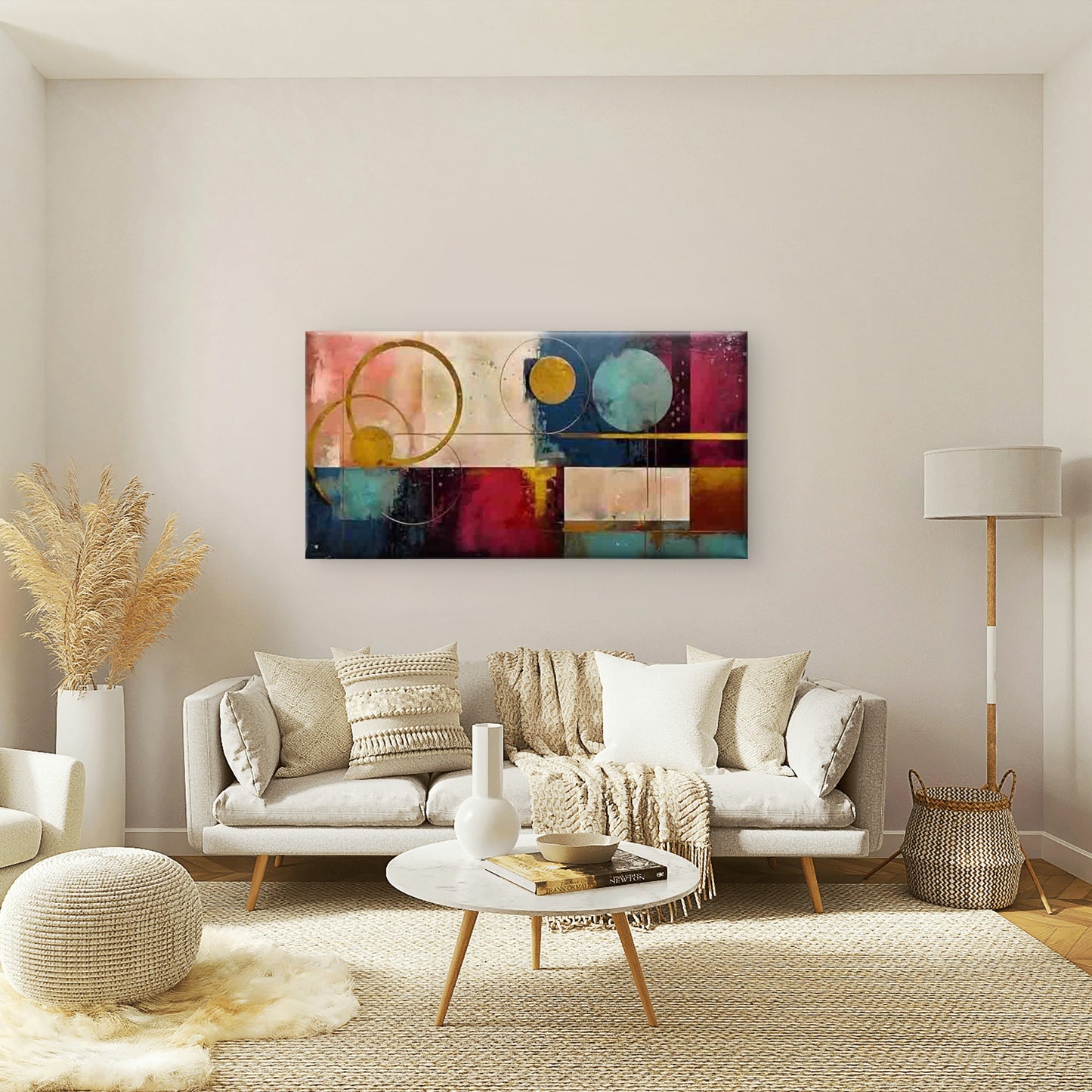 Minimalist Circles & Squares Wall Art Canvas Office Home Room Framed 120x60cm - Bella Home Decor