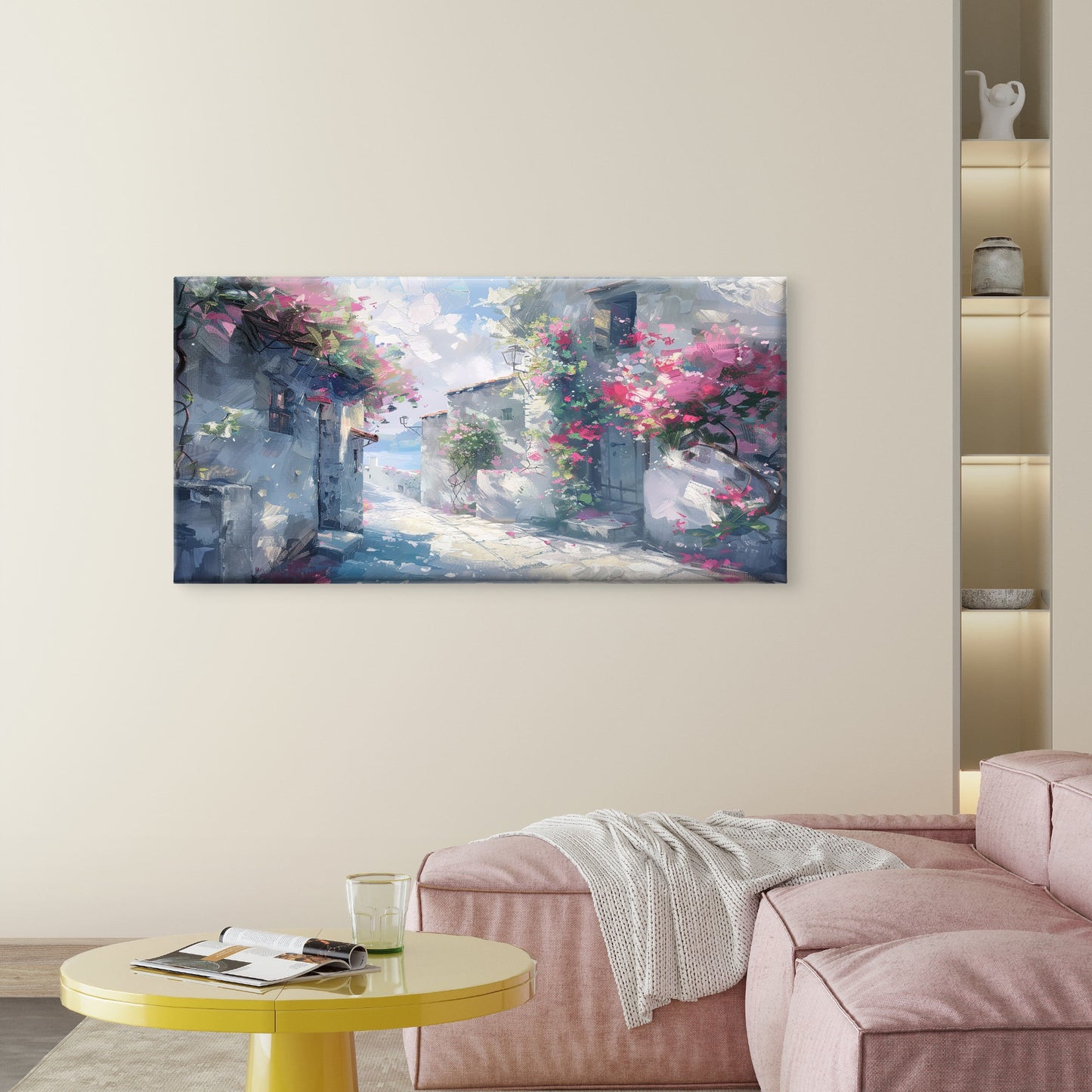 Spanish Coastal Village Wall Art Canvas Office Home Room Framed 120x60cm